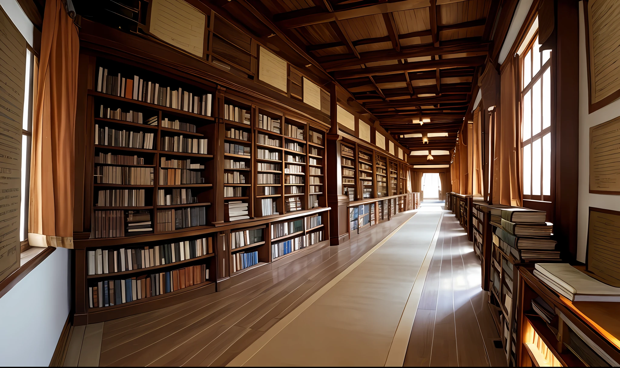 Winding path with ancient books and parchment sheets, merging the past and the future.