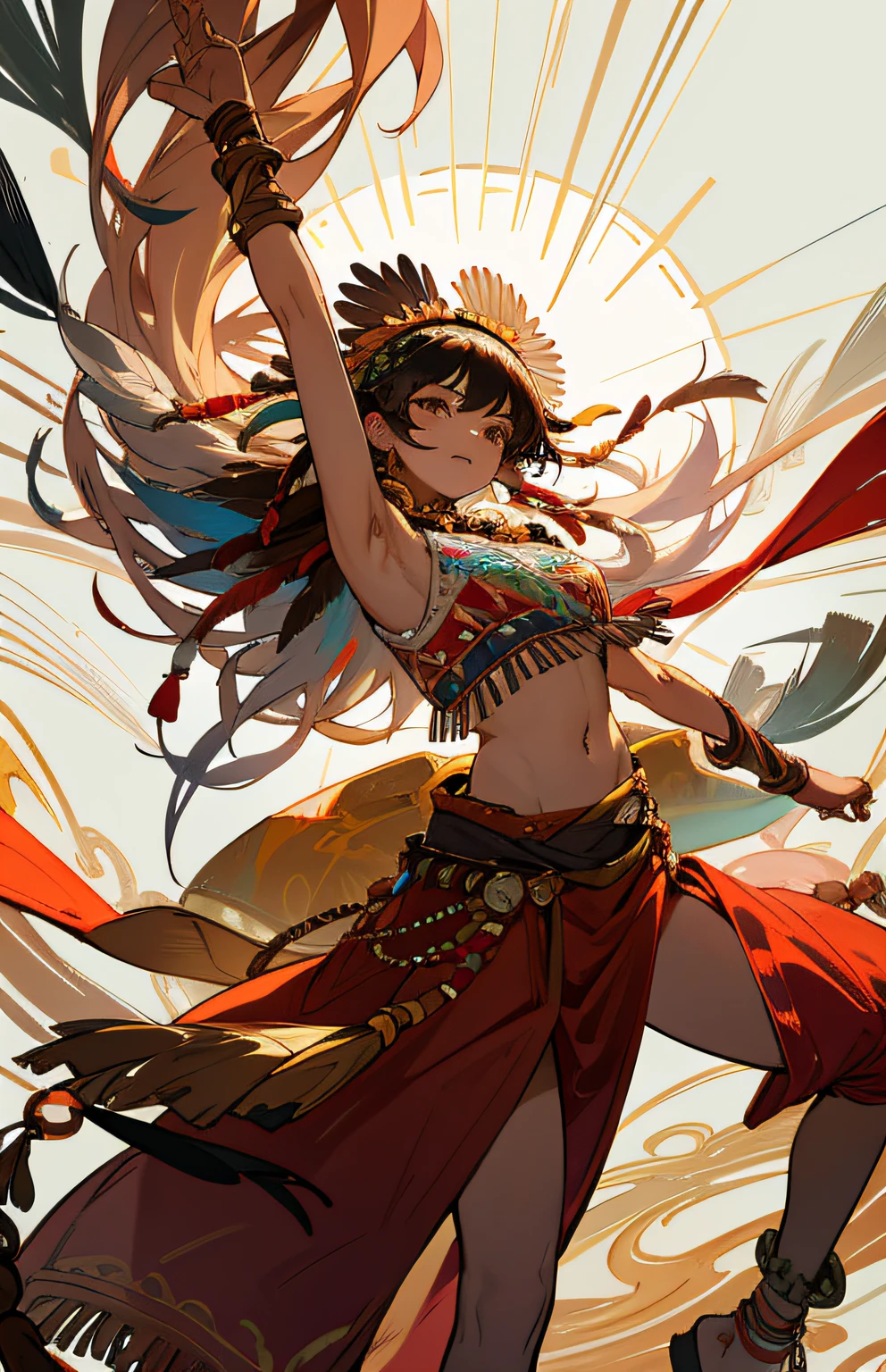 Native American beauty in dance poses, luxurious leather ponchos embroidered with intricate embroidery, flowing tulle, feather hair ornaments, war bonnet, tattoo, brown skin, Indian jewelry, Native American pattern, transparent and long colorful ubert on arms, navel ribbons, shoulders, necks, arm ring ribbons, wreaths, bracelets, anklets, Metal chain tassel around waist, sun god background, ink wash, popular CGSTATION, masterpiece, recent quality, high resolution details, 32K
