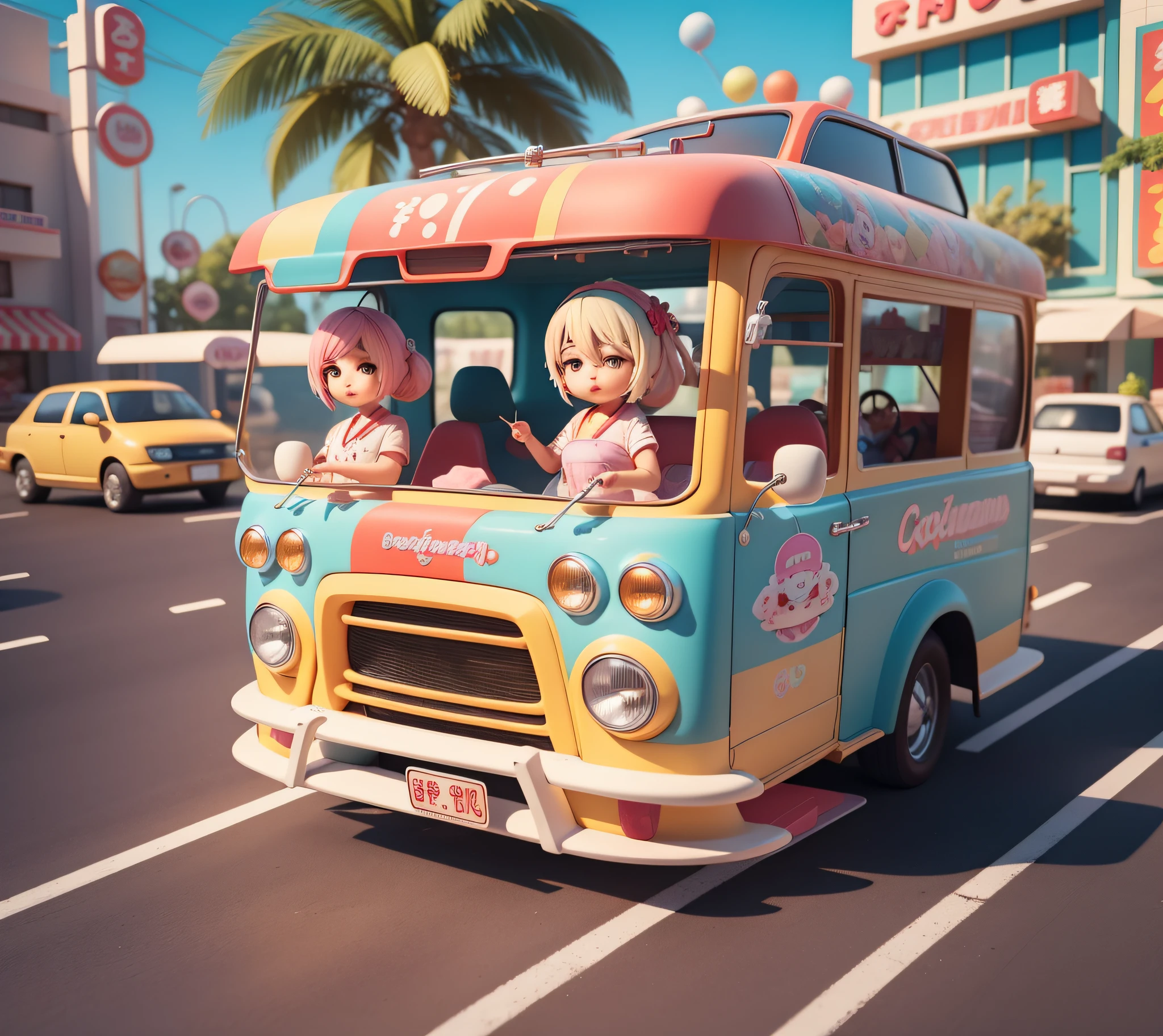Cartoon characters in a car driving in ice cream truck, Kenny Wong x Pop Supermarket, Wallpapers - 1 0 2 4, HD wallpaper, official artwork, cute 3D rendering, promotional art, toy commercial photos, high quality wallpaper, chibi, cute digital art, fan art, cute detailed digital art, pop, pop japanese 3D super detailed, hd artwork