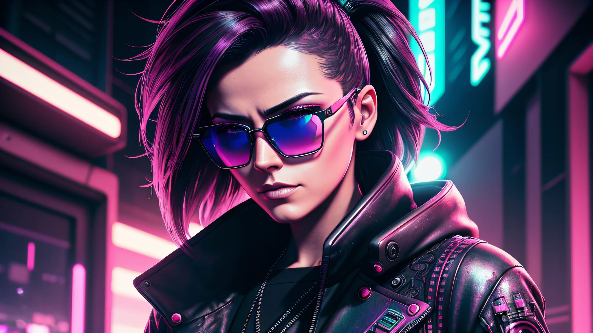 akudama drive style, a woman in sunglasses, synthwave art style, cyberpunk vibe, retrowave vibes, cyberpunk art style, mecanical face, bright cyberpunk glow, synthwave art style, cyberpunk vibes, Intricately Detailed Splash Art Triadic Color Trend Artstation Unreal Engine 5 Volumetric Lighting, Gothic , High resolution, close-up, ambient light, Nikon 15mm f/1.8G, by GIlSam-paio octane rendering depicting innovation and truth, full body, 8k, by Lee Jeffries, Alessio Albi, Adrian Kuipers, glamour, intricate detailed environment, lace, smudges , dark watercolor background, masterpiece, ornate, depth, 80's