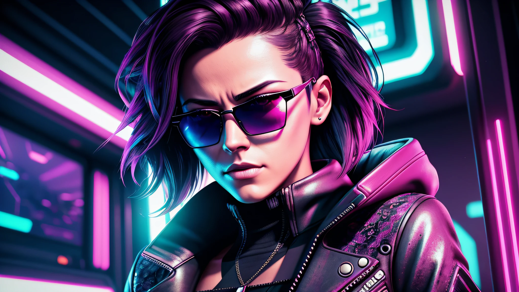 akudama drive style, a woman in sunglasses, synthwave art style, cyberpunk vibe, retrowave vibes, cyberpunk art style, mecanical face, bright cyberpunk glow, synthwave art style, cyberpunk vibes, Intricately Detailed Splash Art Triadic Color Trend Artstation Unreal Engine 5 Volumetric Lighting, Gothic , High resolution, close-up, ambient light, Nikon 15mm f/1.8G, by GIlSam-paio octane rendering depicting innovation and truth, full body, 8k, by Lee Jeffries, Alessio Albi, Adrian Kuipers, glamour, intricate detailed environment, lace, smudges , dark watercolor background, masterpiece, ornate, depth, 80's