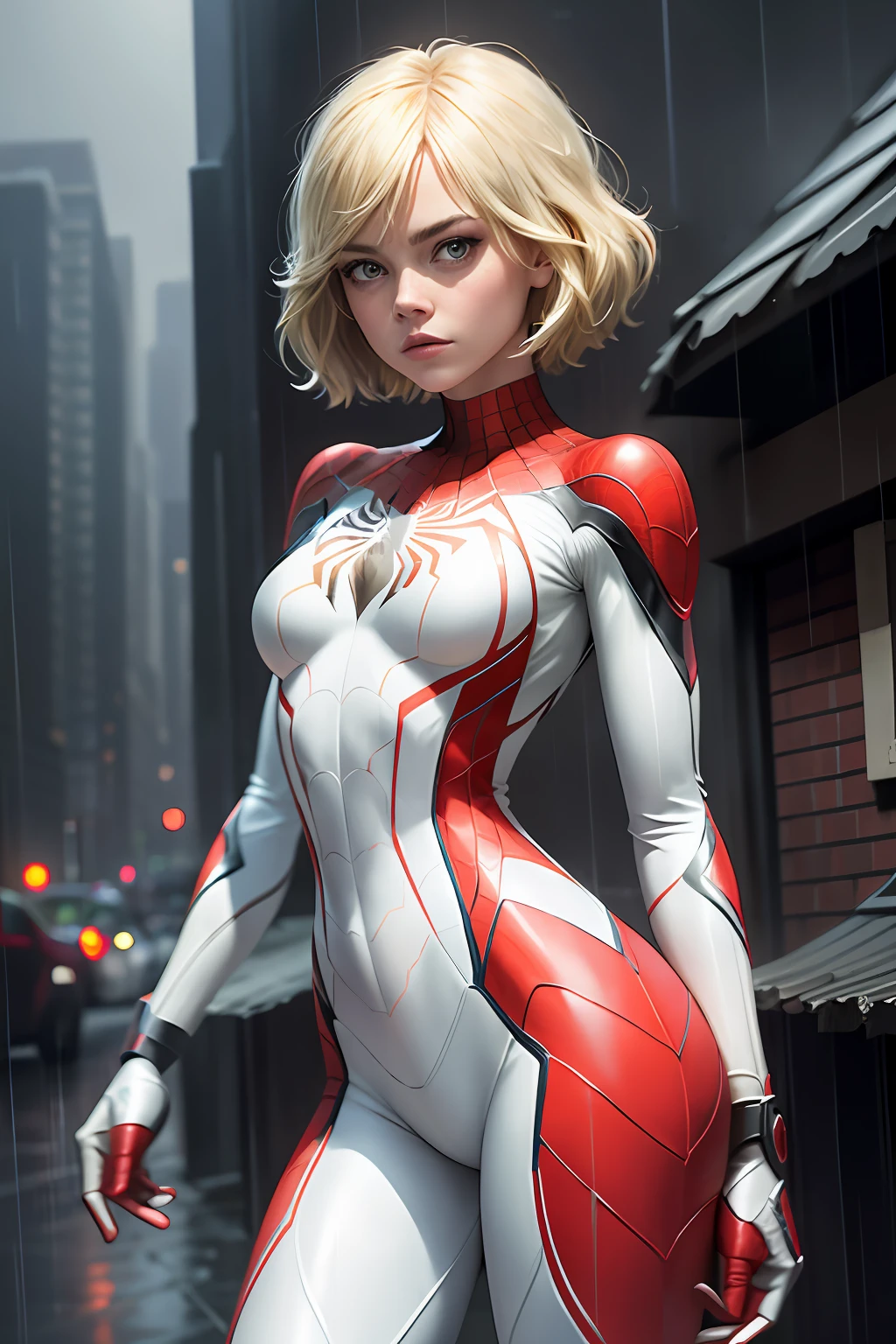 Actress Emma Stone, white spider man suit, short and uncut hair, blonde, beautiful face, rain, roof, masterpiece, intricate details, perfect anatomy