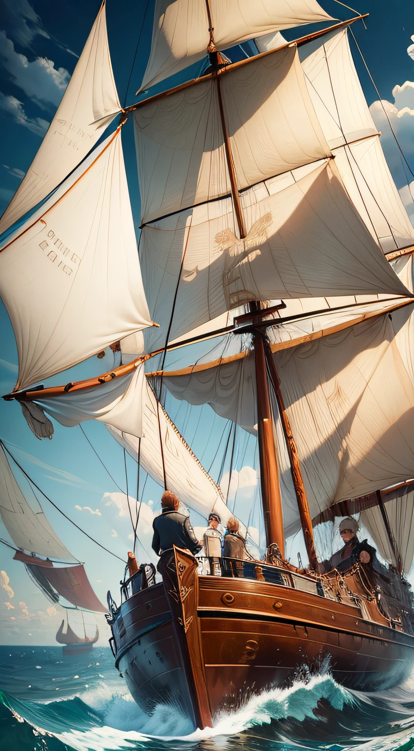 ((best quality), (masterpiece), (detailed)) , close-up photo of the fearless English explorer John White aboard a large antique sailing boat, bidding farewell to his family. The scene captures the realism of the moment, with intricate details showing the emotions on their faces. The lighting casts a soft glow on their expressions, emphasizing the moving farewell. The artist, John White, imbues the artwork with his characteristic style, capturing the essence of realism. The composition emphasizes the emotional connection between the explorer and his loved ones, while also depicting the grandeur of the boat and the vastness of the open sea.