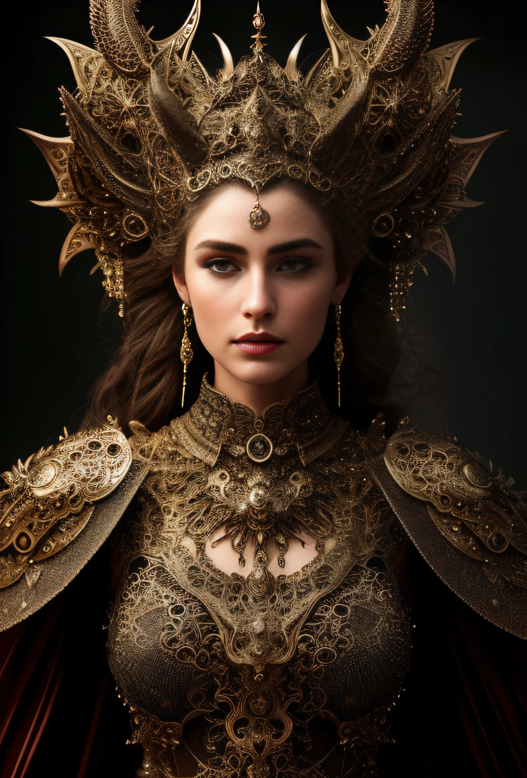 full body wide shot, woman  beautiful face warrior wearing iron body armor insanely detailed and intricate , queen of dragons, dark fantasy, hypermaximalist, elegant, ornate, hyper realistic, super detailed, cinematic light, dark fantasy, ConceptArtWorld, apocalyptic,grouchy, masterpiece, empress, dragon queen