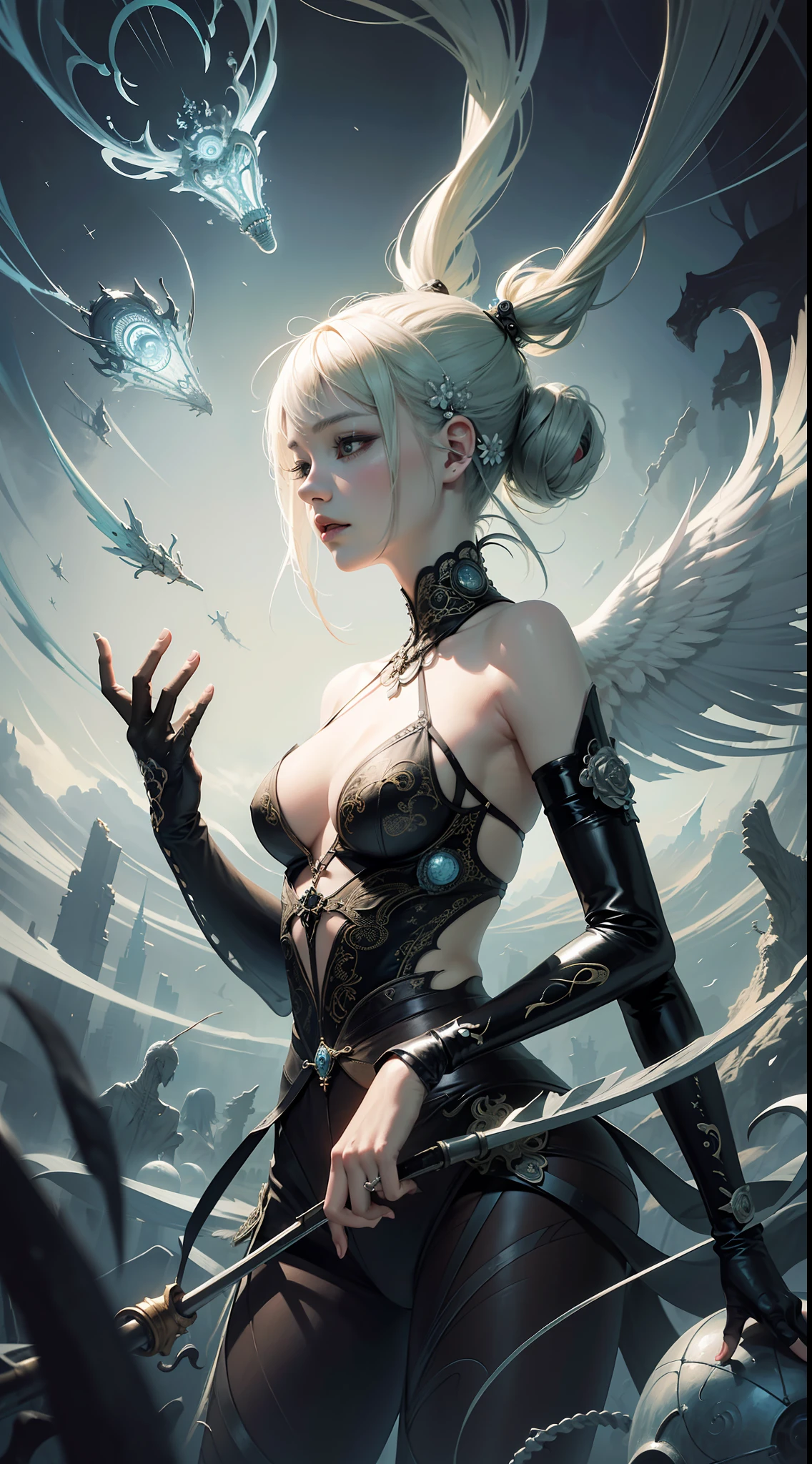 official art, unity 8k wallpaper, ultra detailed, beautiful and aesthetic, masterpiece, best quality, (zentangle, mandala, tangle, entangle), (fractal art:1.3) , 1girl, extremely detailed, dynamic angle, cowboyshot, the most beautiful form of chaos, elegant, a brutalist designed, vivid colours, romanticism, by james jean, roby dwi antono, ross tran, francis bacon, michal mraz, adrian ghenie, petra cortright, gerhard richter, takato yamamoto, ashley wood, atmospheric, ecstasy of musical notes, streaming musical notes visible