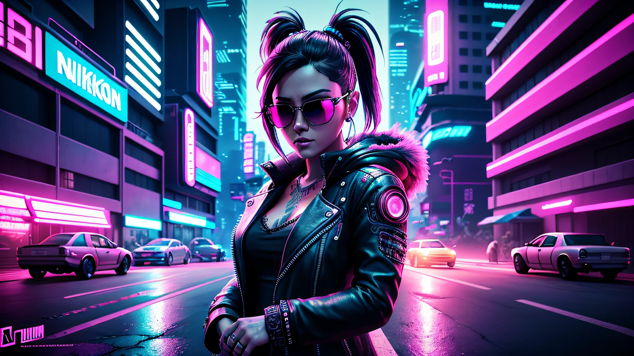 akudama drive style, a woman in sunglasses, synthwave art style, cyberpunk vibe, retrowave vibes, cyberpunk art style, mecanical face, bright cyberpunk glow, synthwave art style, cyberpunk vibes, Intricately Detailed Splash Art Triadic Color Trend Artstation Unreal Engine 5 Volumetric Lighting, Gothic , High resolution, close-up, ambient light, Nikon 15mm f/1.8G, by GIlSam-paio octane rendering depicting innovation and truth, full body, 8k, by Lee Jeffries, Alessio Albi, Adrian Kuipers, glamour, intricate detailed environment, lace, smudges , dark watercolor background, masterpiece, ornate, depth, 80's