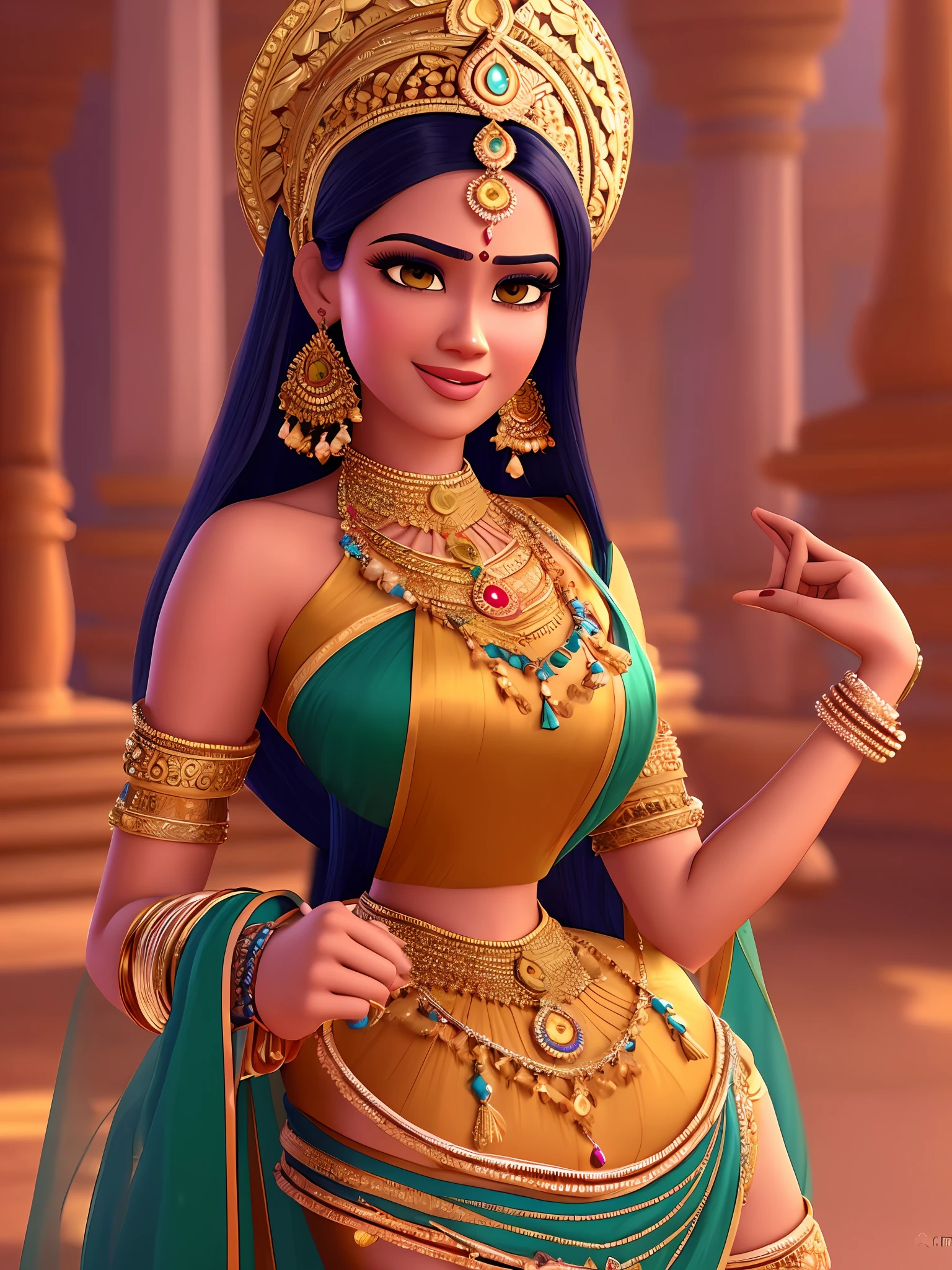 An extremely beautiful Indian young woman, wearing a rich Indian clothing and rich jewelry, in a golden Indian temple, pixar artstyle, emotional eyes, enigmatic smile, cinematic rim light, very feminine figure, dynamic juxtaposition, young beautiful woman, very high quality face, exploitable image, face neck shoulders, beautiful very feminine woman, stylized dynamic folds, serene woman, Pixar artstyle