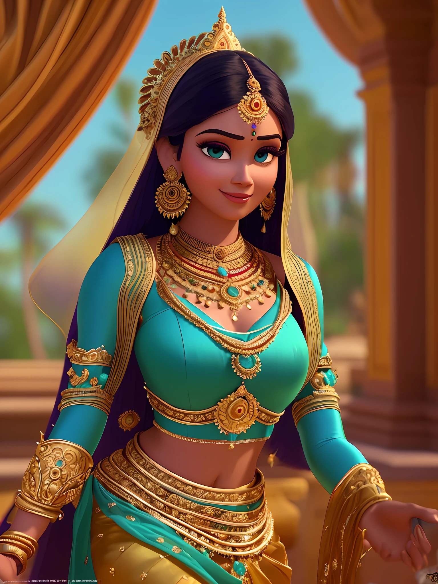 An extremely beautiful Indian young woman, wearing a rich Indian clothing and rich jewelry, in a golden Indian temple, pixar artstyle, emotional eyes, enigmatic smile, cinematic rim light, very feminine figure, dynamic juxtaposition, young beautiful woman, very high quality face, exploitable image, face neck shoulders, beautiful very feminine woman, stylized dynamic folds, serene woman, Pixar artstyle