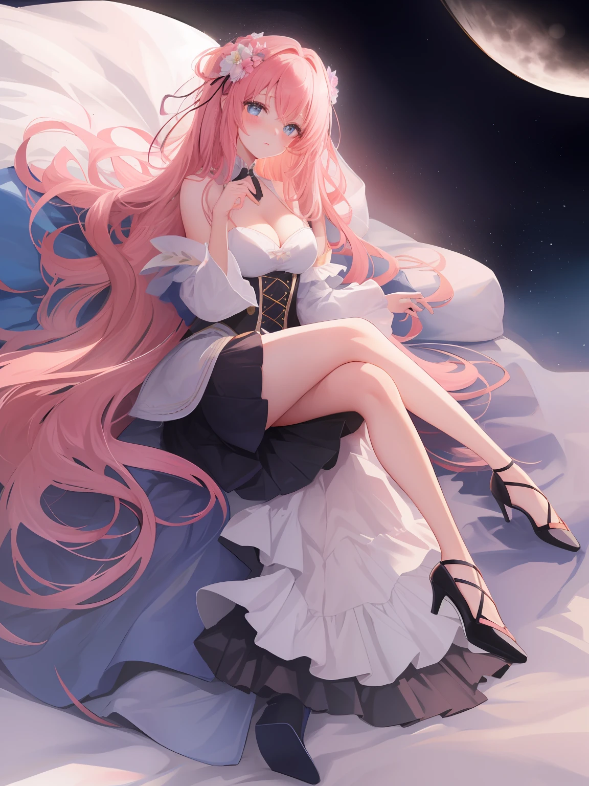 A beautiful girl, sweet, full body photo, flesh-colored lace, pink long hair, closed moon shame flower, incomparably beautiful, black silk stockings, blue eyes, full body portrait, close-up, high heels, full body portrait, lying on a gorgeous bed, gauze skirt, delicate facial features, perfect body, messy pink long hair, moaning, charming