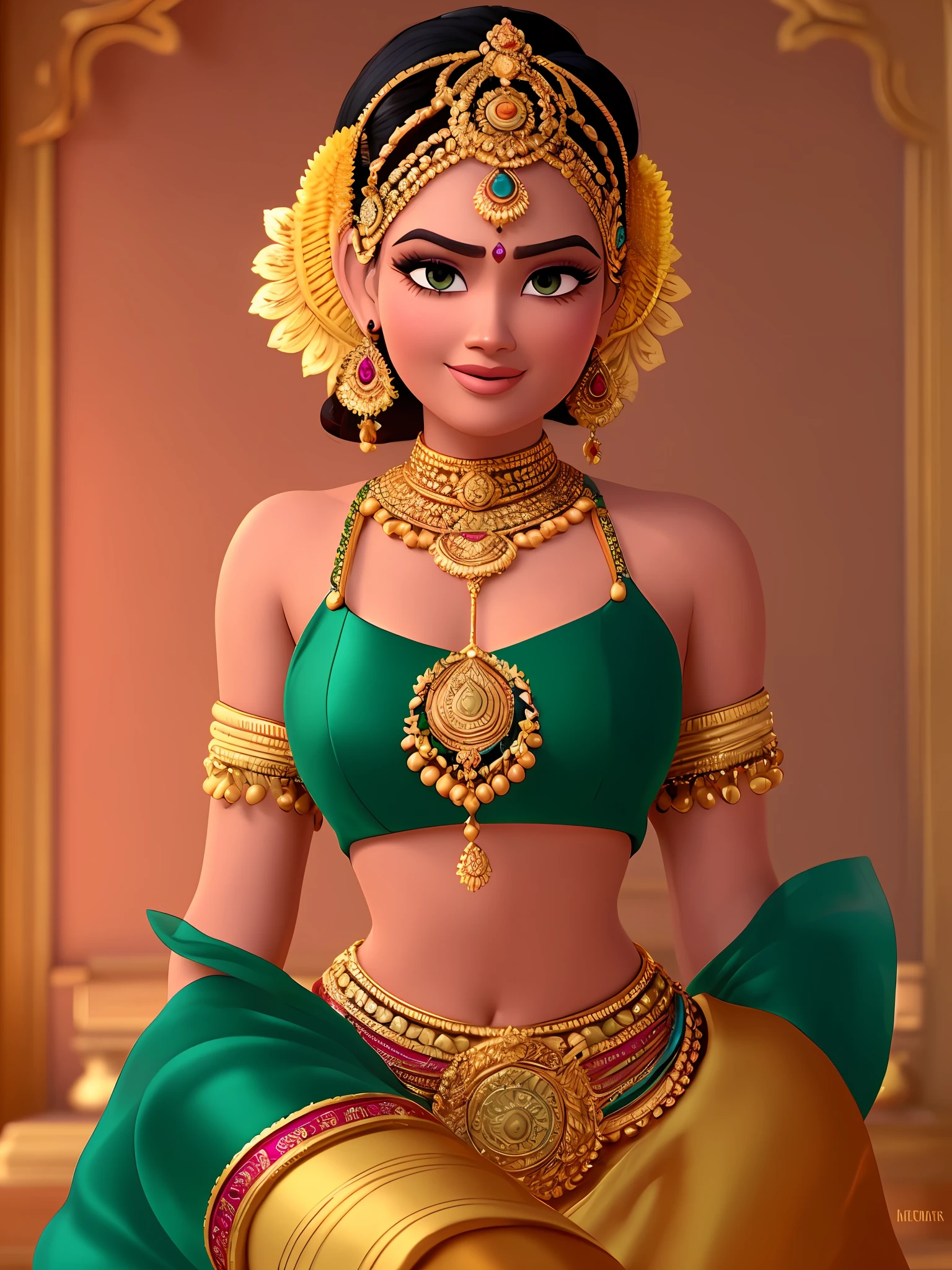An extremely beautiful Indian young woman, wearing a rich Indian clothing and rich jewelry, in a golden Indian temple, pixar artstyle, emotional eyes, enigmatic smile, cinematic rim light, very feminine figure, dynamic juxtaposition, young beautiful woman, very high quality face, exploitable image, face neck shoulders, beautiful very feminine woman, stylized dynamic folds, serene woman, Pixar artstyle