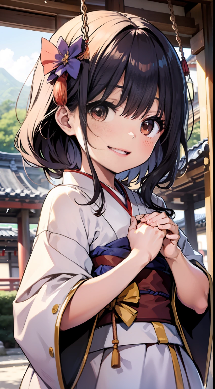 , tender complexion, delicate and cute, laughing, swinging in both hands, traditional Japanese temple in the background.