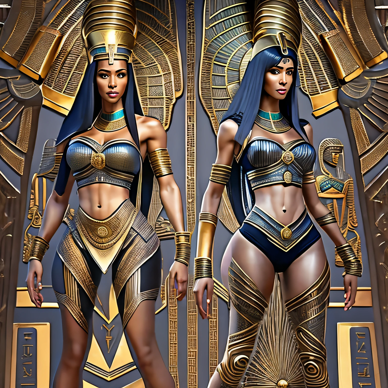 Concept art, sexy, 1 tall woman, 1 Egyptian goddesses, extreme detail, slim waist, strong butt, slim waist, shapely thighs, flat stomach, full body pose, chunky, gray haircut, extreme detail, public hair, pose side, full body, full body framing, side pose, front framing, full body framing, t-pose --auto --s2