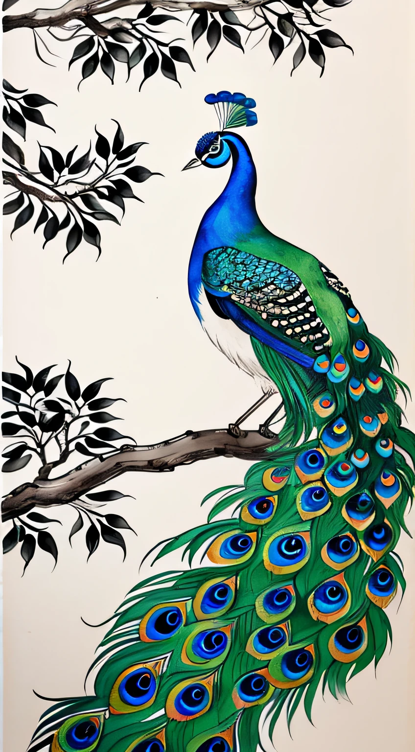 Painting of a peacock standing on a branch, traditional Chinese ink painting, Chinese watercolor style, black and white watercolor style