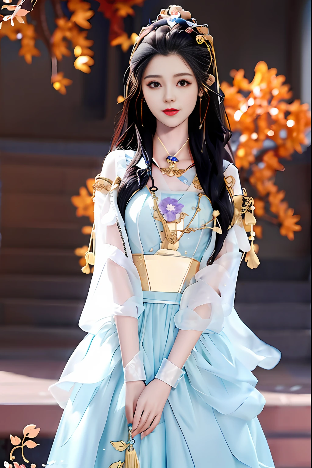 Araki woman in blue dress, wearing gold crown and blue dress, palace, girl in Hanfu, beautiful fantasy queen, full body fairy, anime girl cosplay, ((beautiful fantasy queen)), beautiful fantasy girl, beautiful elegant elf queen, ancient Chinese princess, anime cosplay, beautiful girl, wearing ancient Chinese costume, carrying a bag in her hand
