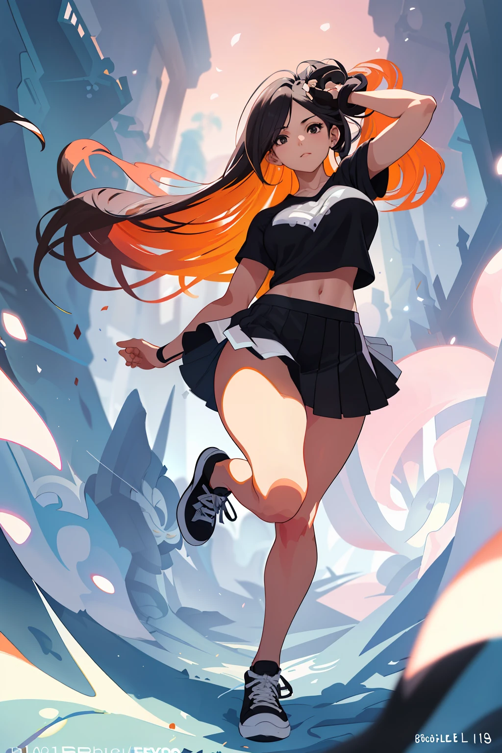 :: Joe Madureira Style:: Perfect and detailed beautiful woman and beautiful, perfect and detailed, ultra detailed anime style, clothes with tatoon drawings, in various full-body attack poses and with immersive effects, hover effect, graphite style background with vibrant colors "Ultra HDR" detailed and with focus effect,with All Star Converse Fixed Black Sneakers (masterpiece:  1.2, best quality), (finely detailed beautiful eyes: 1.2),extremely detailed, depth of field,shot with canon eos,lens 135mm f1.8,portrait of [x]((girl kelly brook beautiful woman )),long hair, straight and black,with a natural glow,(anime black eyes:1.4), (finely detailed eyes and detailed face:1.3),), (with ultra detailed black school skirt and fixed shape and color,  white t-shirt with tatoom print with fixed format Mandarin letters,ultra detailed:1.3), (beautiful and clear background:1.2), ultra-detailed, Best Shadow:1.1),("" character demonstrating his super power in the fist"")((depth of field and blur)), ((watercolor)), large breasts, bare shoulders, flowers and petals, bbela conceptual illustration , (white background:0.5), (illustration :1.1), (extremely thin and beautiful:  1.1), (perfect details: 1.1) graffiti style background, freedom, soul, digital illustration, perfect anatomy, centered, approaching perfection, dynamic, highly detailed, watercolor painting, artstation, concept art, smooth, sharp focus, illustration,