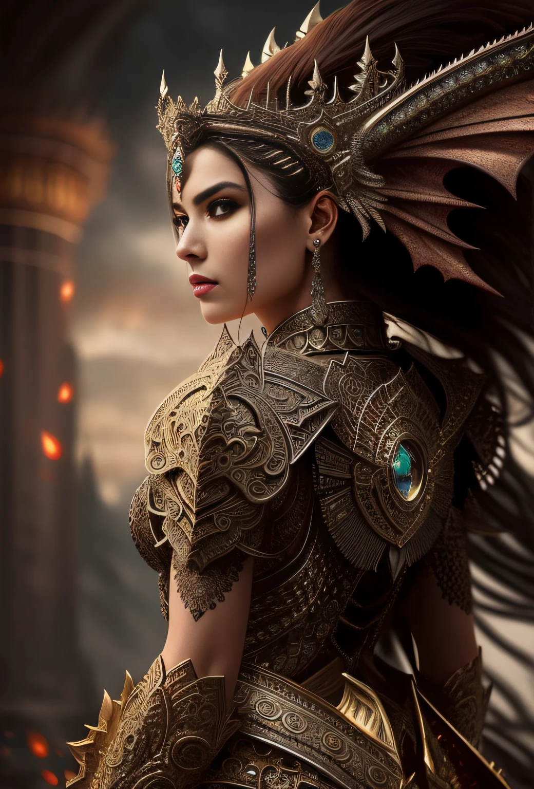 full body wide shot, woman beautiful face warrior wearing iron body armor insanely detailed and intricate , queen of dragons, dark fantasy, hypermaximalist, elegant, ornate, hyper realistic, super detailed, cinematic light, dark fantasy, ConceptArtWorld, apocalyptic,grouchy, masterpiece, empress, dragon queen