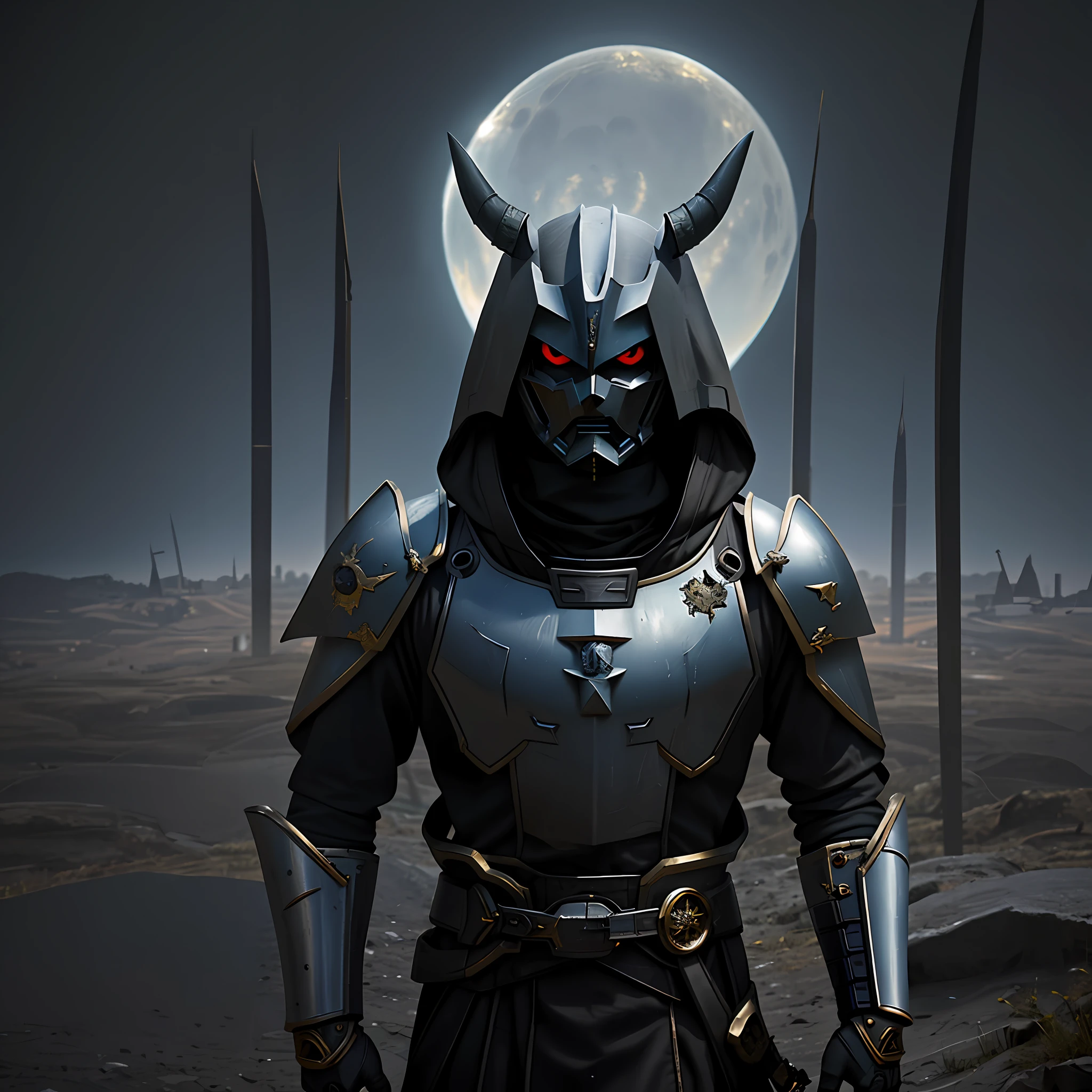 Black Gundam, look at viewer, medieval armor, raised a sword,abandoned city background, black hole as a sun,devil mask,devil horn