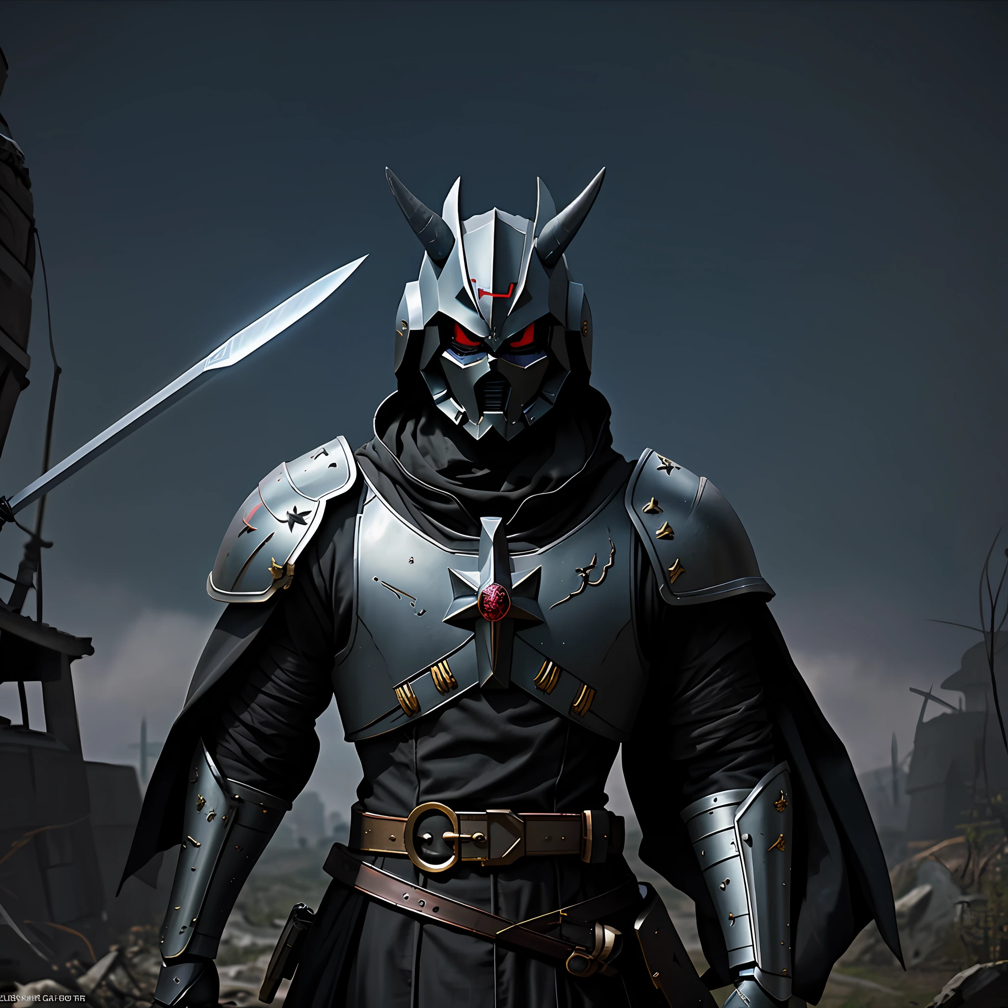 Black Gundam, look at viewer, medieval armor, raised a sword,abandoned city background, black hole as a sun,devil mask,devil horn