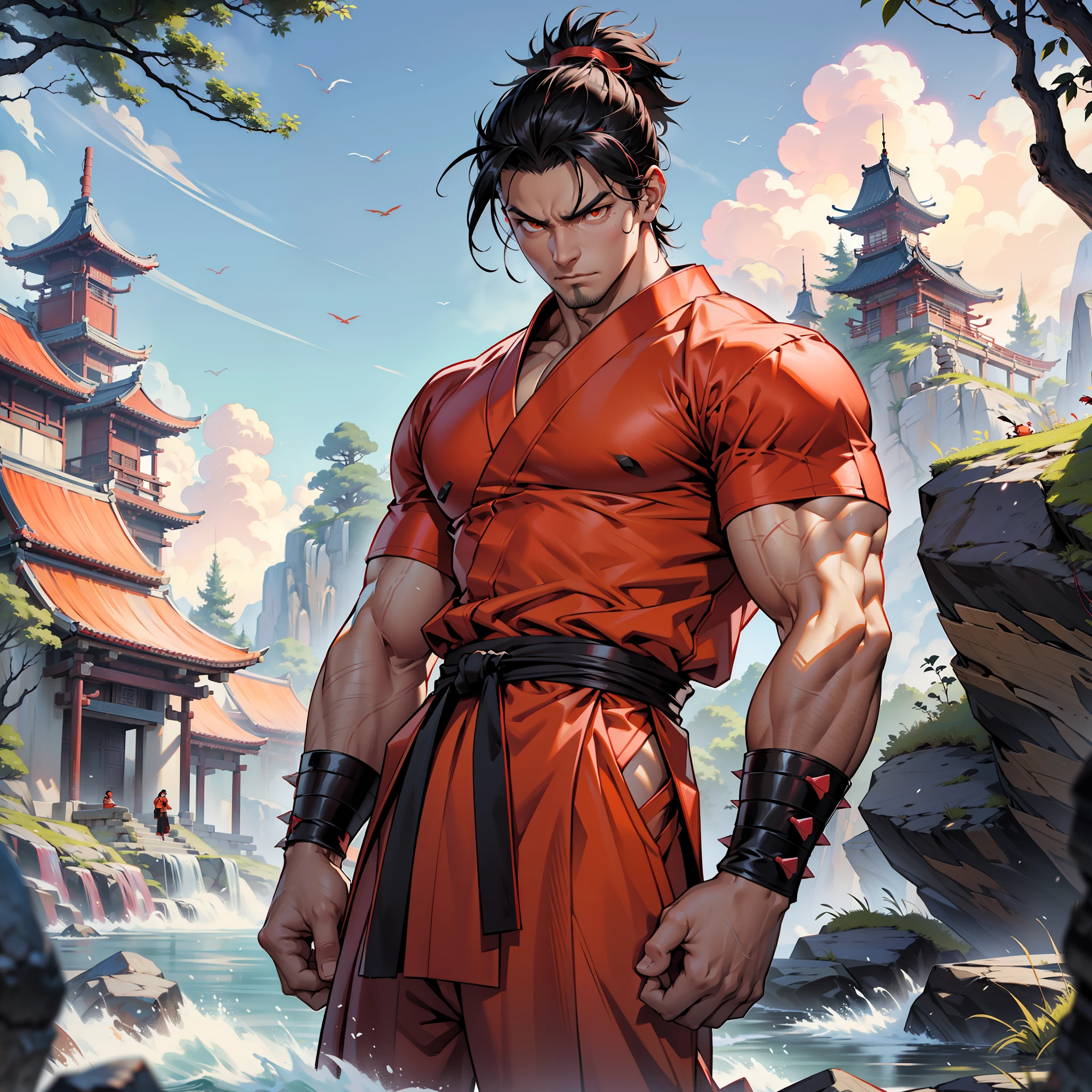Kung fu fighter, adult, spiky black hair, locks of hair in pink color, white belt at the waist, red marks on the face, orange eyes, serious expression, muscular man, thin waist, defined legs, red kimono, tight red kung fu blouse, black kung fu pants, red armbands on the arms, nature scenery.