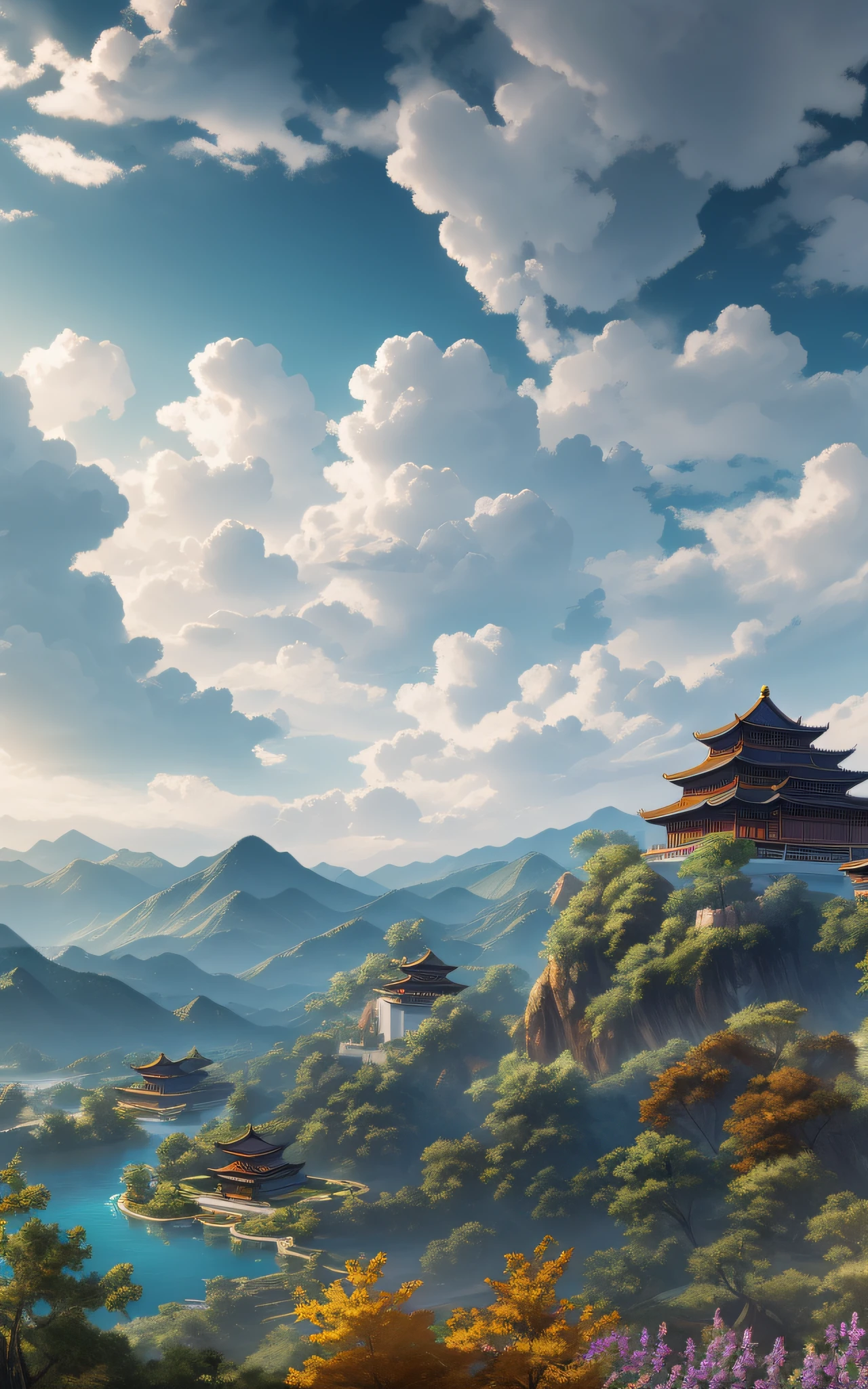 Masterpiece, best quality, high quality, extremely detailed CG unified 8k wallpaper, outdoor, sky, clouds, no humans, mountain, Chinese palace sitting on hillside, cinemagraph, landscape, water, tree,