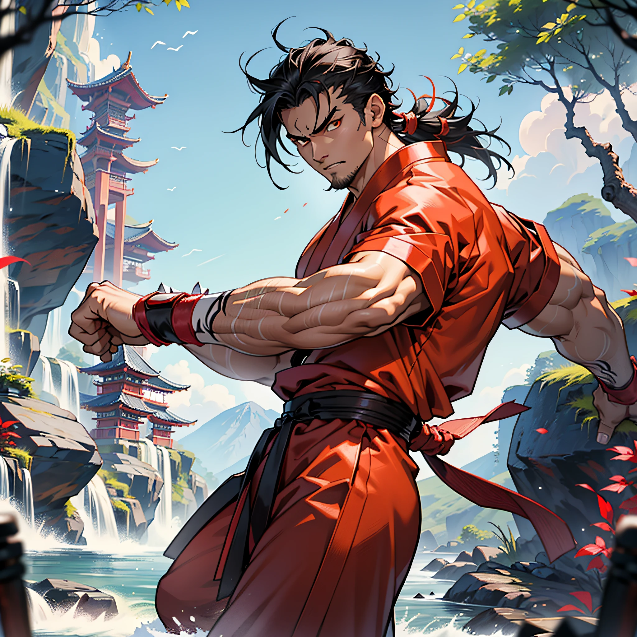 Kung fu fighter, adult, spiky black hair, locks of hair in pink color, white belt at the waist, red marks on the face, orange eyes, serious expression, muscular man, thin waist, defined legs, red kimono, tight red kung fu blouse, black kung fu pants, red armbands on the arms, nature scenery.