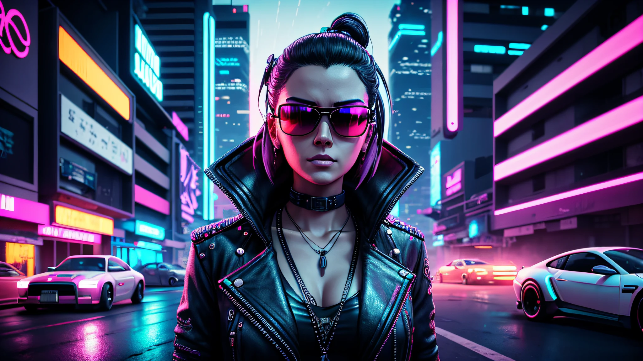 akudama drive style, a woman in sunglasses, synthwave art style, cyberpunk vibe, retrowave vibes, cyberpunk art style, mecanical face, bright cyberpunk glow, synthwave art style, cyberpunk vibes, Intricately Detailed Splash Art Triadic Color Trend Artstation Unreal Engine 5 Volumetric Lighting, Gothic , High resolution, close-up, ambient light, Nikon 15mm f/1.8G, by GIlSam-paio octane rendering depicting innovation and truth, full body, 8k, by Lee Jeffries, Alessio Albi, Adrian Kuipers, glamour, intricate detailed environment, lace, smudges , dark watercolor background, masterpiece, ornate, depth, 80's