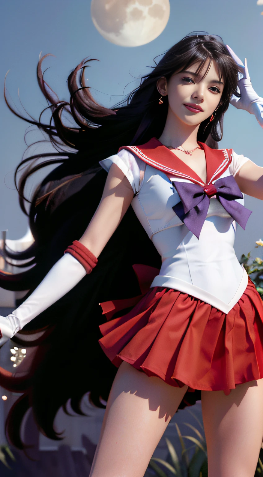 ((HD Realistic, SAMA1 Level)), Extreme Realistic, Masterpiece, Best Quality, High Resolution, SAMA1, Headwear, Sailor Sensi Uniform with Medium Chest, White Gloves, Red Sailor Collar, Red Skirt, Star Necklace, Elbow Gloves, Pleated Skirt, Bare Legs, Purple Bow, Standing, Space, Moon, Charming Smile, Stunning Beauty, Full Body Photo