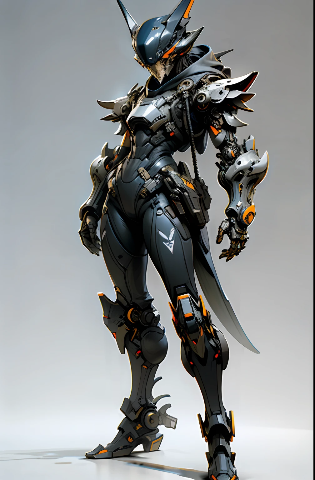 Humanoid with female physique with futuristic cat armor lowered, Warframe, ultra detailed, sharp teeth, big toenails, standing, full body,Dark_Fantasy, cyberpunk,Artwork,3D,4K,Detailed,Realistic