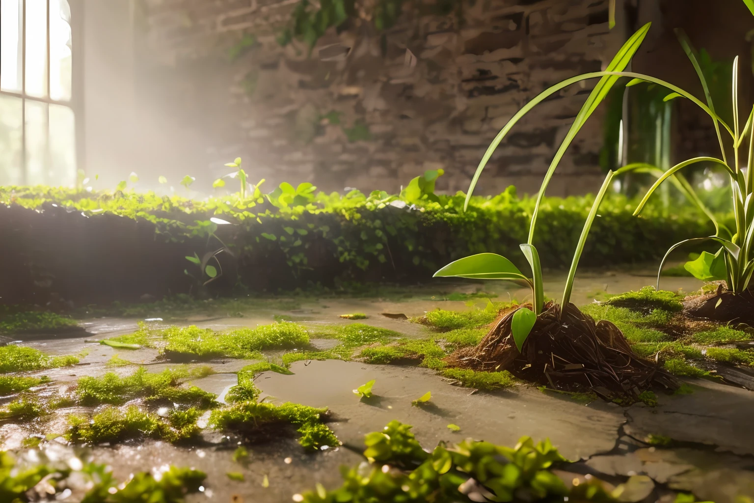 (((macro photography))),(realistic),A outstanding sapling sprouts from the ruins under the morning light that shines in a peaceful atmosphere.((solo)),((dilapidated wall)),masterpiece,4k,((rays of light))