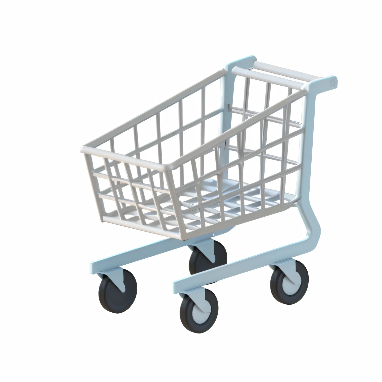 There is a small shopping cart on wheels on a white background, cart, shopping cart, shopping cart icon, 3D model, 3D model, represented as a 3D rendering, 3D product, plan, high quality illustration, HD illustration, no gradients, 3D, 2D, mobile, right angled view, more detailed illustration