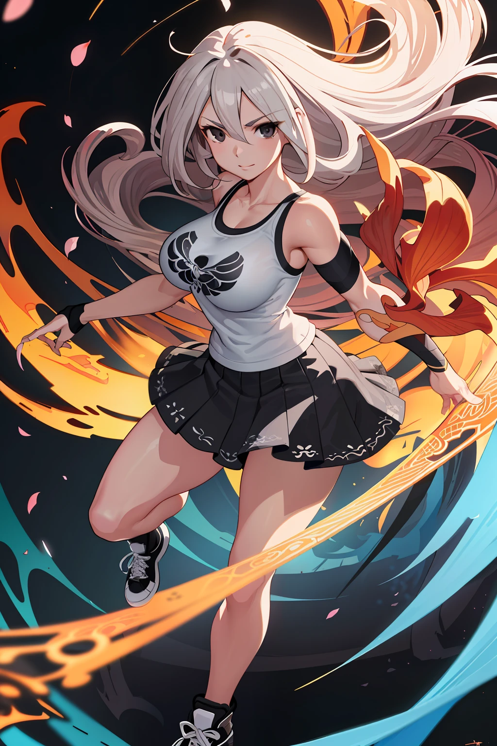 :: Joe Madureira Style:: Perfect and detailed beautiful woman and beautiful, perfect and detailed, ultra detailed anime style, clothes with tatoon drawings, in various full-body attack poses and with immersive effects, hover effect, graphite style background with vibrant colors "Ultra HDR" detailed and with focus effect,with All Star Converse Fixed Black Sneakers (masterpiece:  1.2, best quality), (finely detailed beautiful eyes: 1.2),extremely detailed, depth of field,shot with canon eos,lens 135mm f1.8,portrait of [x]((girl kelly brook beautiful woman )),long hair, straight and black,with a natural glow,(anime black eyes:1.4), (finely detailed eyes and detailed face:1.3),), (with ultra detailed black school skirt and fixed shape and color,  white t-shirt with tatoom print with fixed format Mandarin letters,ultra detailed:1.3), (beautiful and clear background:1.2), ultra-detailed, Best Shadow:1.1),("" character demonstrating his super power in the fist"")((depth of field and blur)), ((watercolor)), large breasts, bare shoulders, flowers and petals, bbela conceptual illustration , (white background:0.5), (illustration :1.1), (extremely thin and beautiful:  1.1), (perfect details: 1.1) graffiti style background, freedom, soul, digital illustration, perfect anatomy, centered, approaching perfection, dynamic, highly detailed, watercolor painting, artstation, concept art, smooth, sharp focus, illustration,