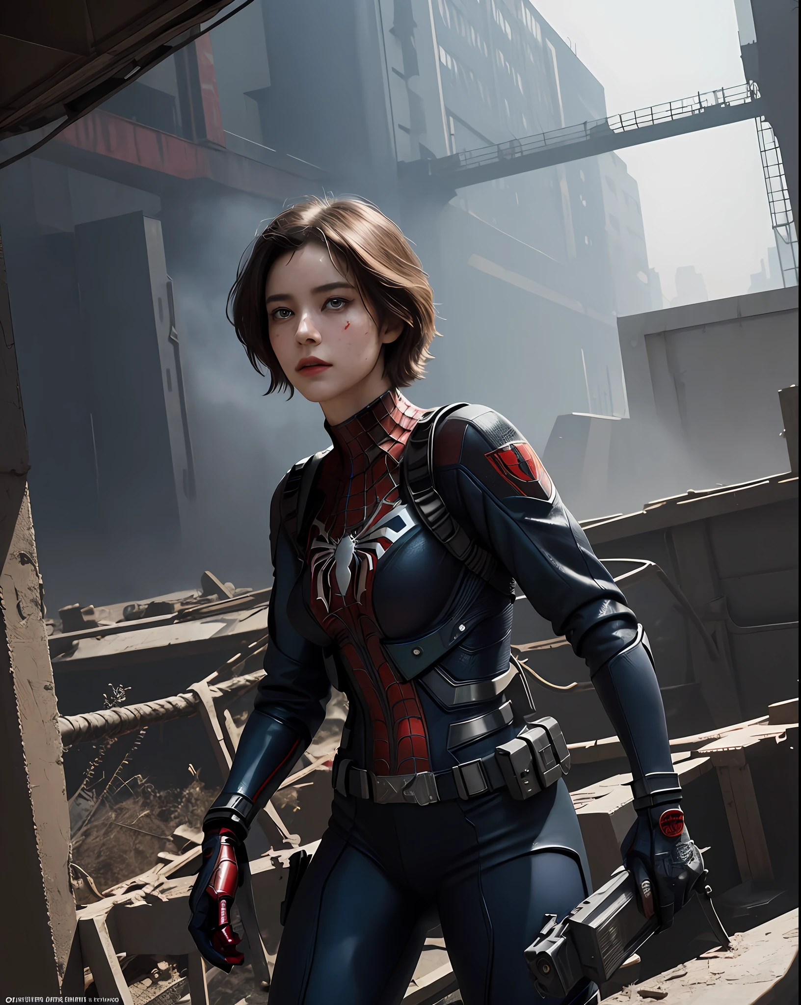 (1girl:1.3), solo, __body-parts__, official art, unified 8k wallpaper, super detailed, beautiful and aesthetic, beautiful, masterpiece, best quality, raw, masterpiece, super fine photo, best quality, super high resolution, photorealistic realism, sunlight, full body portrait, amazing beauty,, dynamic pose, delicate face, vibrant eyes, (from the front), she is wearing a Spider-man suit, red and black color scheme, spider, very detailed abandoned warehouse background, Detailed face, detailed complex busy background, messy, gorgeous, milky white, highly detailed skin, realistic skin details, visible pores, sharp focus, volumetric fog, 8k uhd, DSLR, high quality, film grain, fair skin, photo realism, lomography, huge metropolis in future dystopia, seen from below, translucent