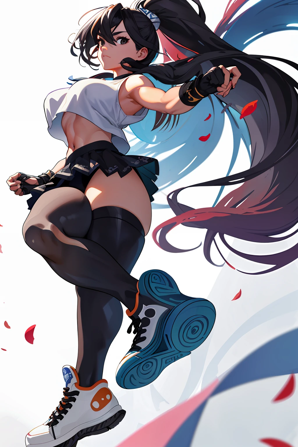 :: Joe Madureira Style:: Perfect and detailed beautiful woman and beautiful, perfect and detailed, ultra detailed anime style, clothes with tatoon drawings, in various full-body attack poses and with immersive effects, hover effect, graphite style background with vibrant colors "Ultra HDR" detailed and with focus effect,with All Star Converse Fixed Black Sneakers (masterpiece:  1.2, best quality), (finely detailed beautiful eyes: 1.2),extremely detailed, depth of field,shot with canon eos,lens 135mm f1.8,portrait of [x]((girl kelly brook beautiful woman )),long hair, straight and black,with a natural glow,(anime black eyes:1.4), (finely detailed eyes and detailed face:1.3),), (with ultra detailed black school skirt and fixed shape and color,  white t-shirt with tatoom print with fixed format Mandarin letters,ultra detailed:1.3), (beautiful and clear background:1.2), ultra-detailed, Best Shadow:1.1),("" character demonstrating his super power in the fist"")((depth of field and blur)), ((watercolor)), large breasts, bare shoulders, flowers and petals, bbela conceptual illustration , (white background:0.5), (illustration :1.1), (extremely thin and beautiful:  1.1), (perfect details: 1.1) graffiti style background, freedom, soul, digital illustration, perfect anatomy, centered, approaching perfection, dynamic, highly detailed, watercolor painting, artstation, concept art, smooth, sharp focus, illustration,