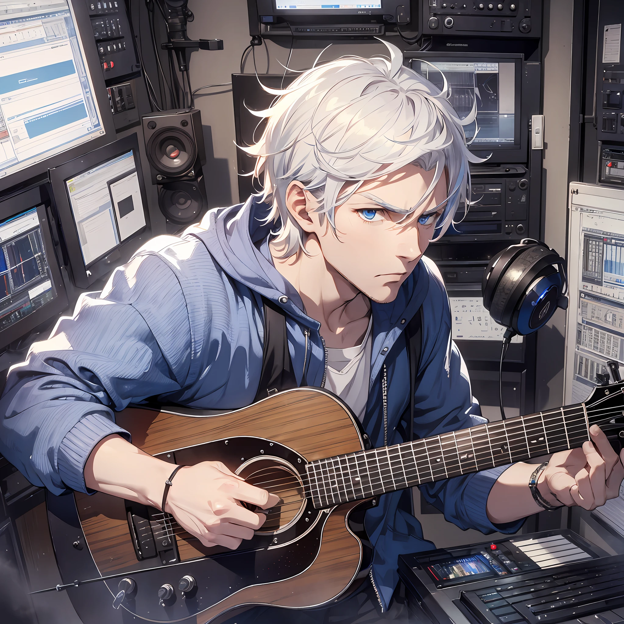 A man, short white hair, blue eyes, writing songs, angry, angry, crazy, recording studio,
(masterpiece:1.2), best quality, masterpiece, highres, original, extremely detailed wallpaper, perfect lighting,(extremely detailed CG:1.2),