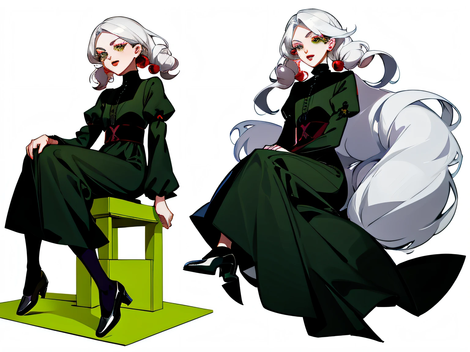 A tall woman granny of 80 years anime style, with white hair and green eyes, small nose and fleshy lips of red color and black eyelashes curled, face: open-mouthed, pose: sitting, wearing a long green dress with a tight waist and a pair of black scarpins, perfect anatomy, full body perfect illustration of high quality, (single background, white background:1.3), multiple open-mouth views, Multiple views of the same character in the same outfit:1.3.