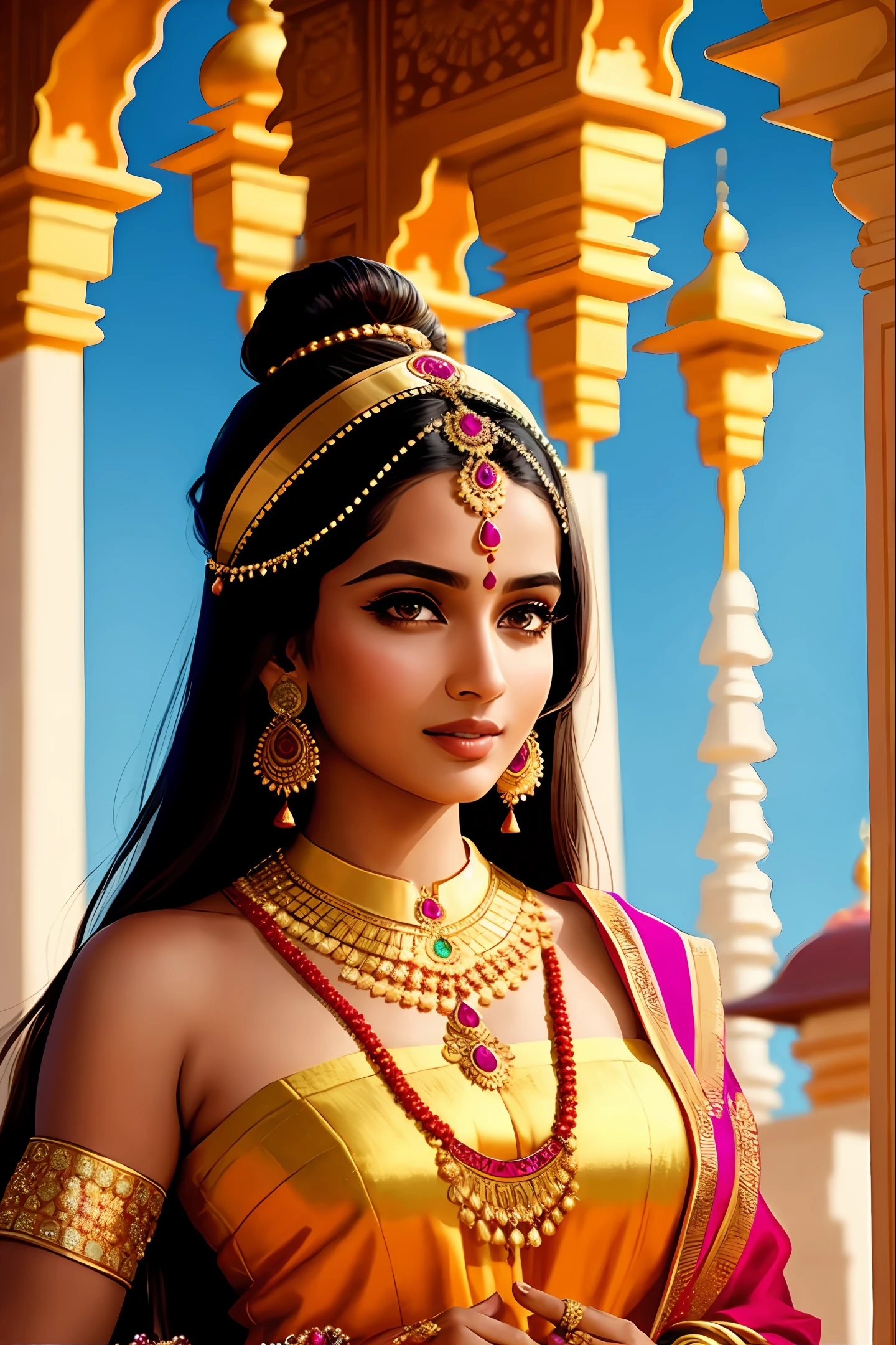 An extremely beautiful Indian young woman, wearing a rich Indian clothing and rich jewelry, in a golden Indian temple, pixar artstyle, emotional eyes, enigmatic smile, cinematic rim light, very feminine figure, dynamic juxtaposition, young beautiful woman, very high quality face, exploitable image, face neck shoulders, beautiful very feminine woman, stylized dynamic folds, serene woman, Pixar artstyle
