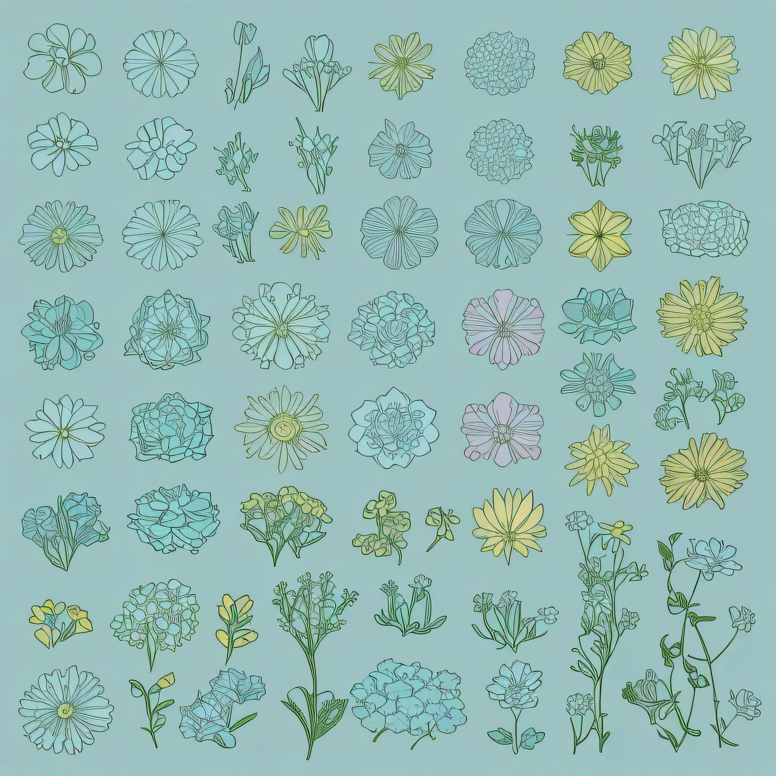 Set design of small interlaced flowers, sticker style, flat style, vector style, drawing style, in very soft pastel colors such as light blue, pink, pastel purple, pastel green, emerald, pastel blue, beige, pastel light yellow. No text.