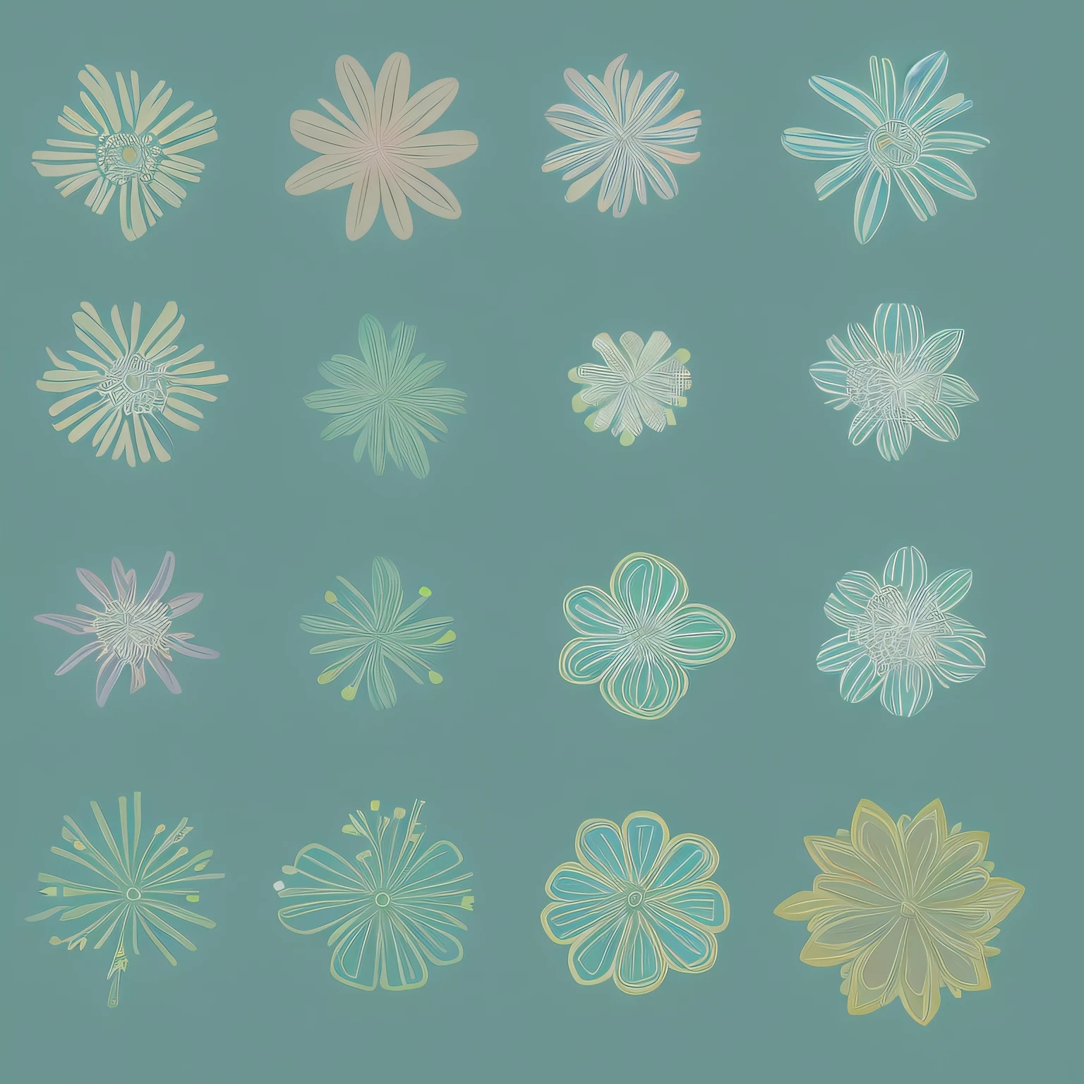 Set design of small interlaced flowers, sticker style, flat style, vector style, drawing style, in very soft pastel colors such as light blue, pink, pastel purple, pastel green, emerald, pastel blue, beige, pastel light yellow. No text.