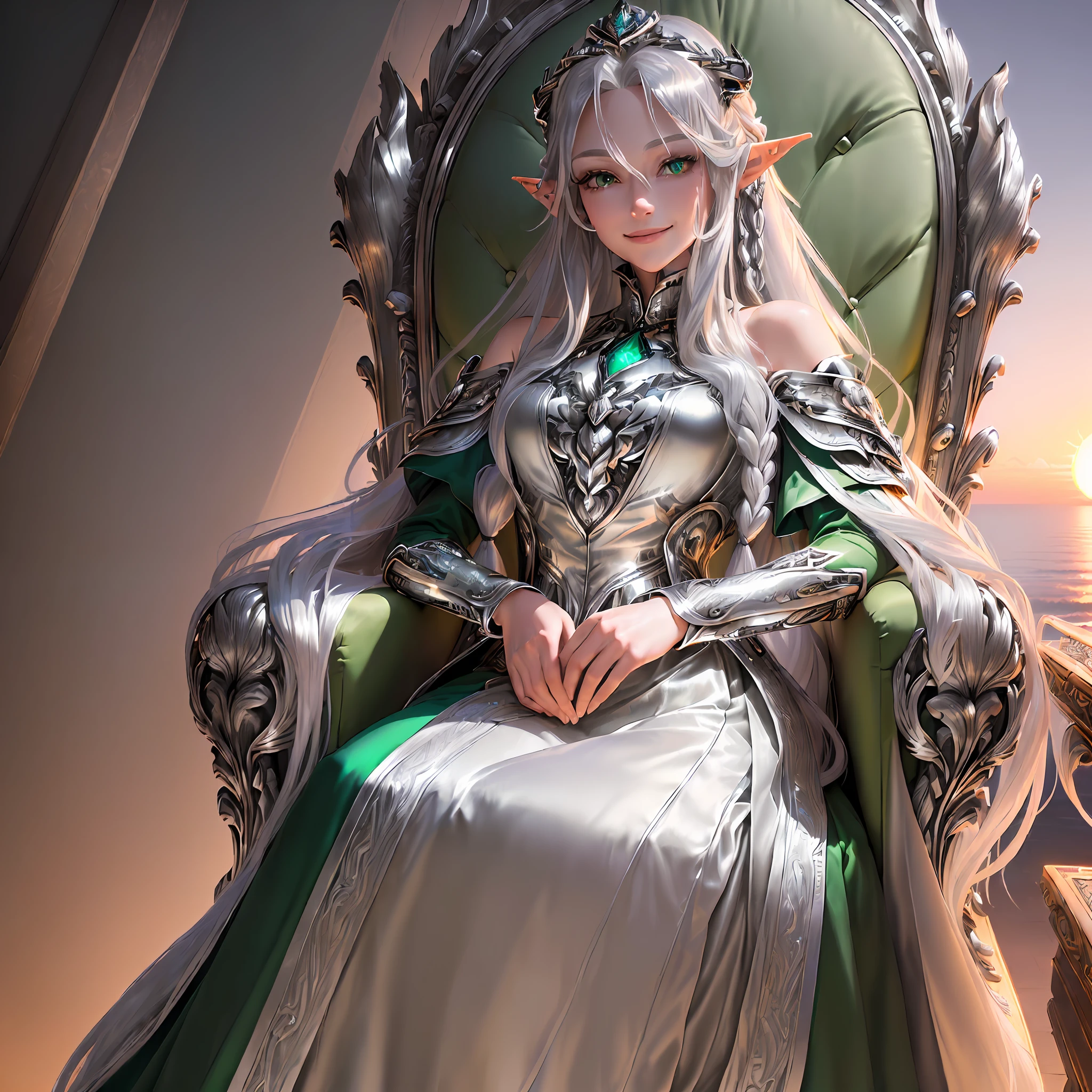 Masterpiece, best quality, (highly detailed CG unity 8k wallpaper), (best quality), (best illustration), (best shadow), absurdity, realistic lighting, (Abyss), beautiful detailed shine, art by PeterMohrBever, official art, beautiful and aesthetic: 1.2, adult elf, (green queen dress), green eyes, ((looking down ((looking down)), smile, (luxurious throne), one, ( ((long beautiful silver hair))), front, (sunset),