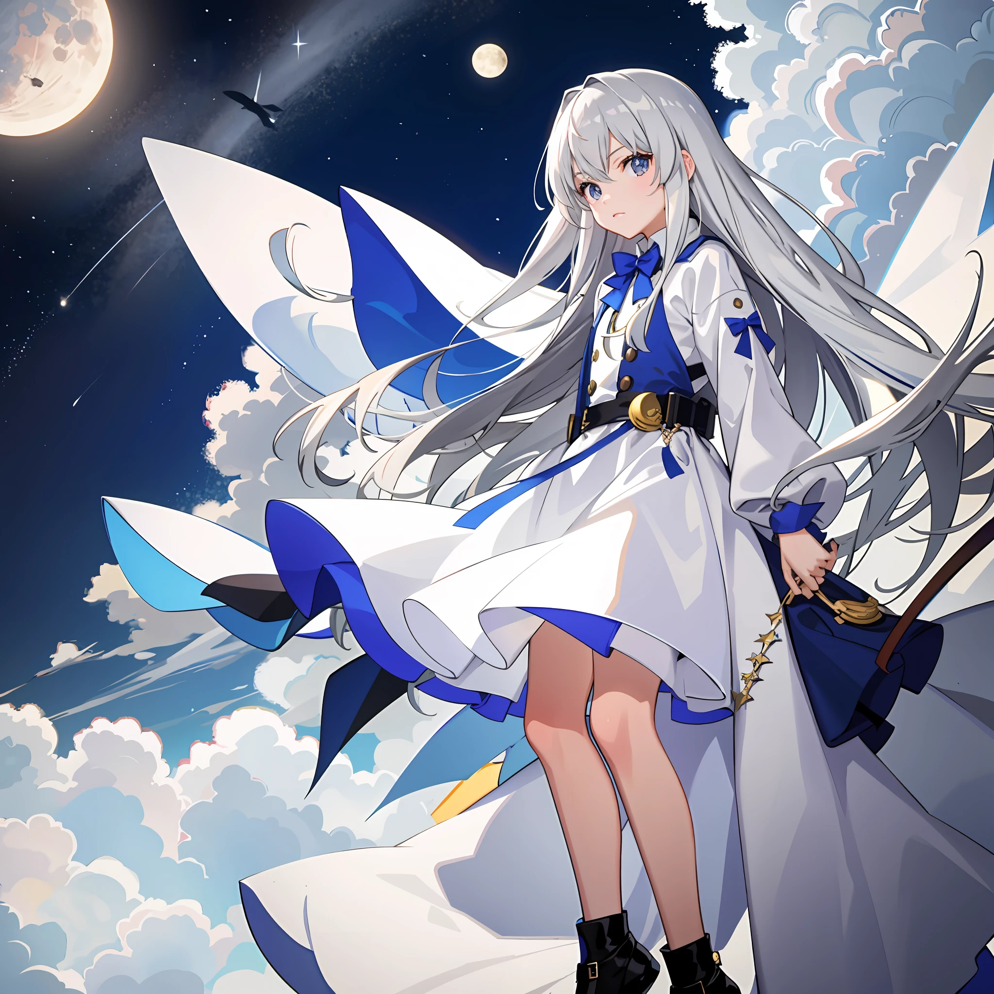 4K, masterpiece, top quality, anime, straight hair, long hair, silver hair, moon, neat, girl, watch viewer