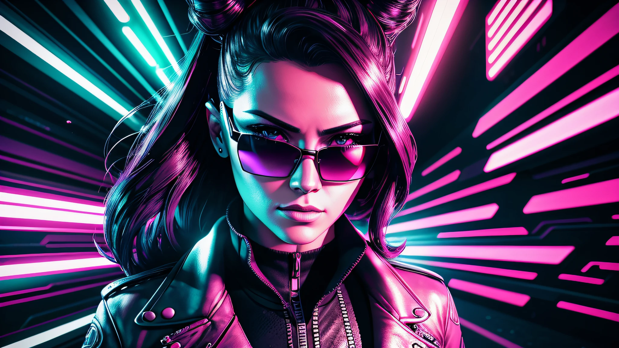 akudama drive style, a woman in sunglasses, synthwave art style, cyberpunk vibe, retrowave vibes, cyberpunk art style, mecanical face, bright cyberpunk glow, synthwave art style, cyberpunk vibes, Intricately Detailed Splash Art Triadic Color Trend Artstation Unreal Engine 5 Volumetric Lighting, Gothic , High resolution, close-up, ambient light, Nikon 15mm f/1.8G, by GIlSam-paio octane rendering depicting innovation and truth, full body, 8k, by Lee Jeffries, Alessio Albi, Adrian Kuipers, glamour, intricate detailed environment, lace, smudges , dark watercolor background, masterpiece, ornate, depth, 80's