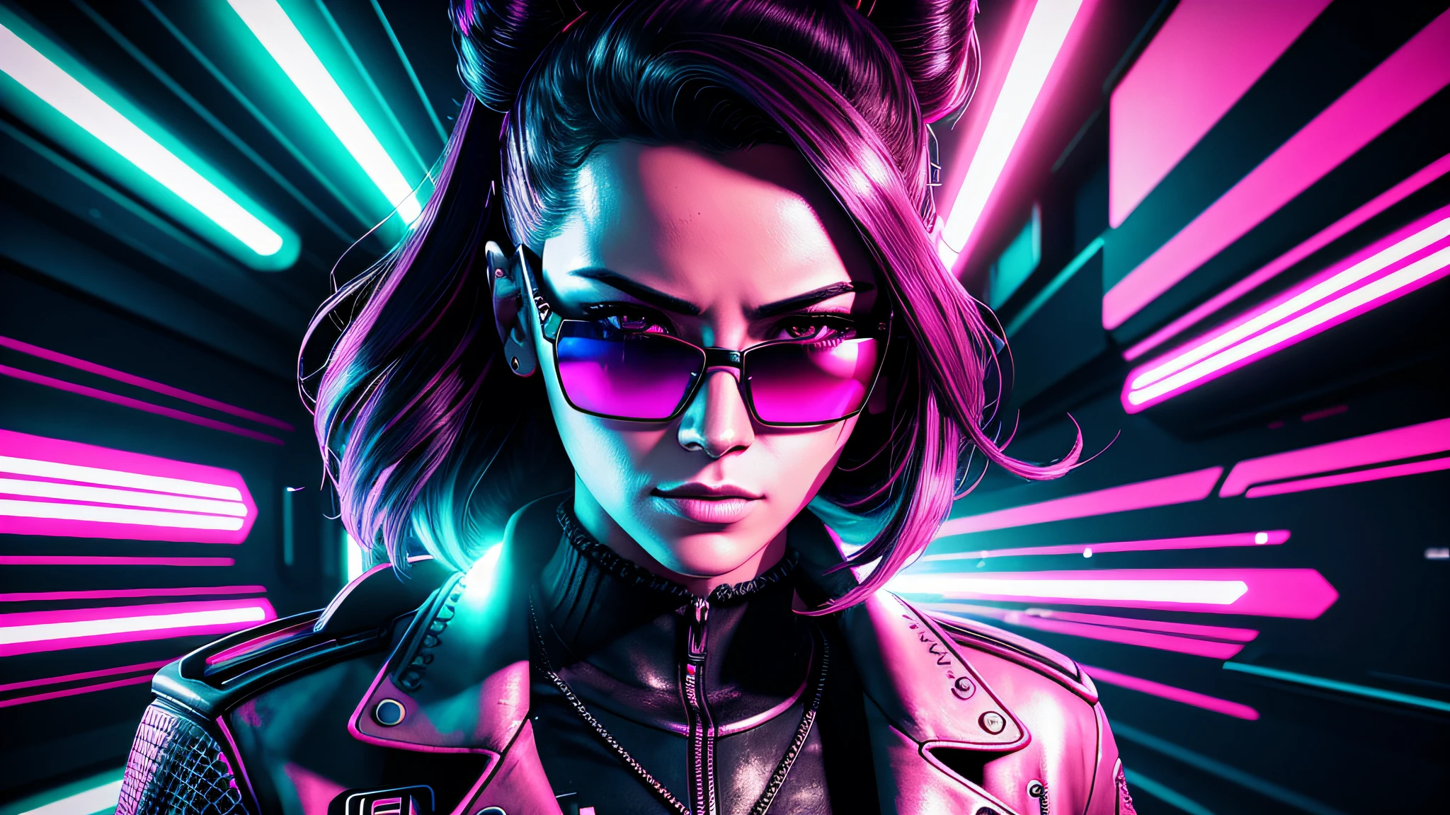 akudama drive style, a woman in sunglasses, synthwave art style, cyberpunk vibe, retrowave vibes, cyberpunk art style, mecanical face, bright cyberpunk glow, synthwave art style, cyberpunk vibes, Intricately Detailed Splash Art Triadic Color Trend Artstation Unreal Engine 5 Volumetric Lighting, Gothic , High resolution, close-up, ambient light, Nikon 15mm f/1.8G, by GIlSam-paio octane rendering depicting innovation and truth, full body, 8k, by Lee Jeffries, Alessio Albi, Adrian Kuipers, glamour, intricate detailed environment, lace, smudges , dark watercolor background, masterpiece, ornate, depth, 80's