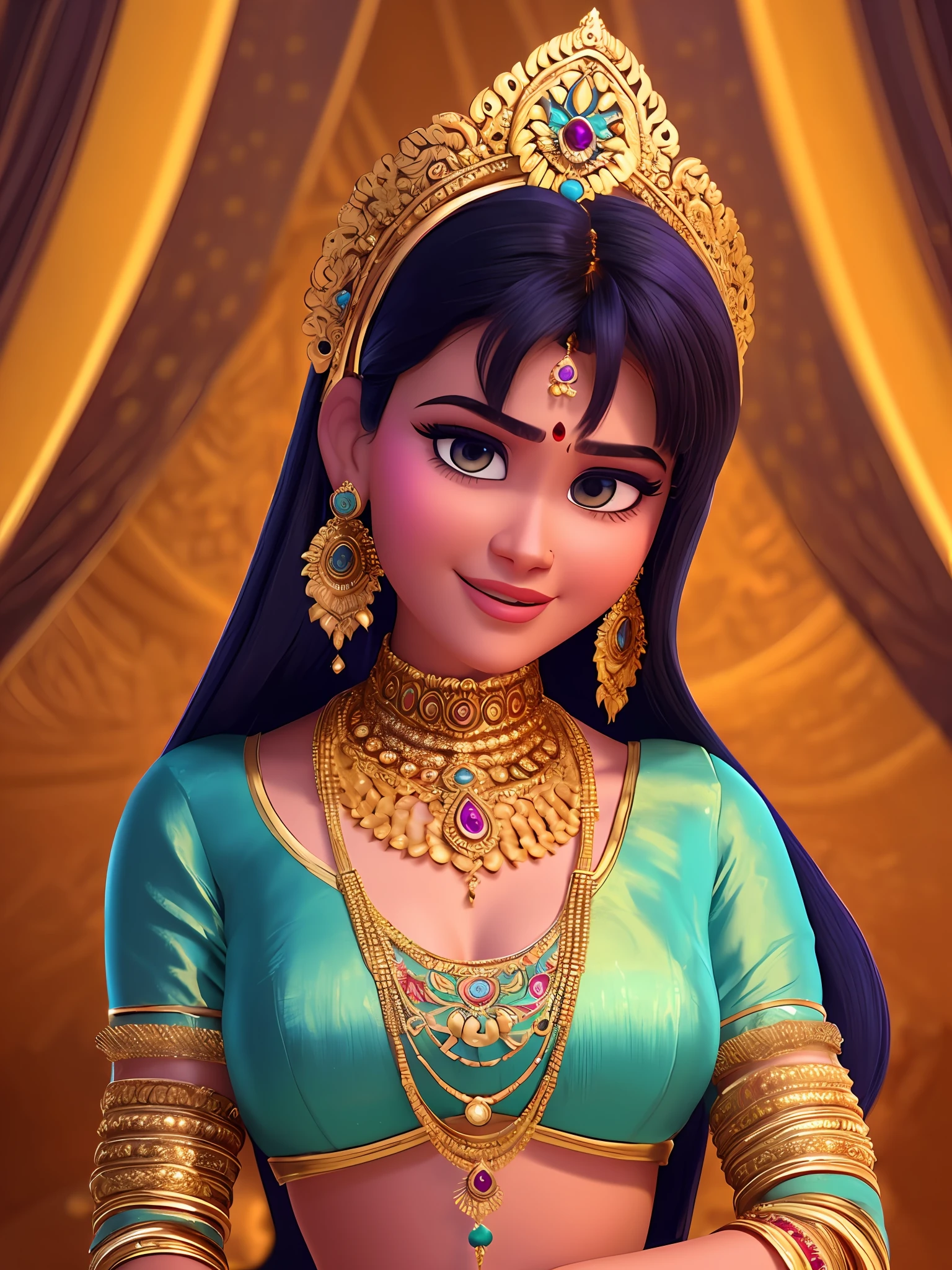 An extremely beautiful Indian young woman, wearing a rich Indian clothing and rich jewelry, in a golden Indian temple, pixar artstyle, emotional eyes, enigmatic smile, cinematic rim light, very feminine figure, dynamic juxtaposition, young beautiful woman, very high quality face, exploitable image, face neck shoulders, beautiful very feminine woman, stylized dynamic folds, serene woman, Pixar artstyle