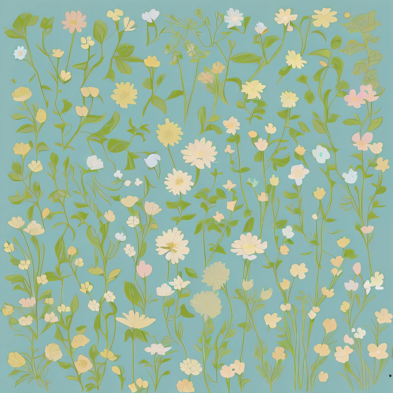 Set design of small interlaced flowers, sticker style, flat style, vector style, drawing style, in very soft pastel colors such as light blue, pink, pastel purple, pastel green, emerald, pastel blue, beige, pastel light yellow. No text.