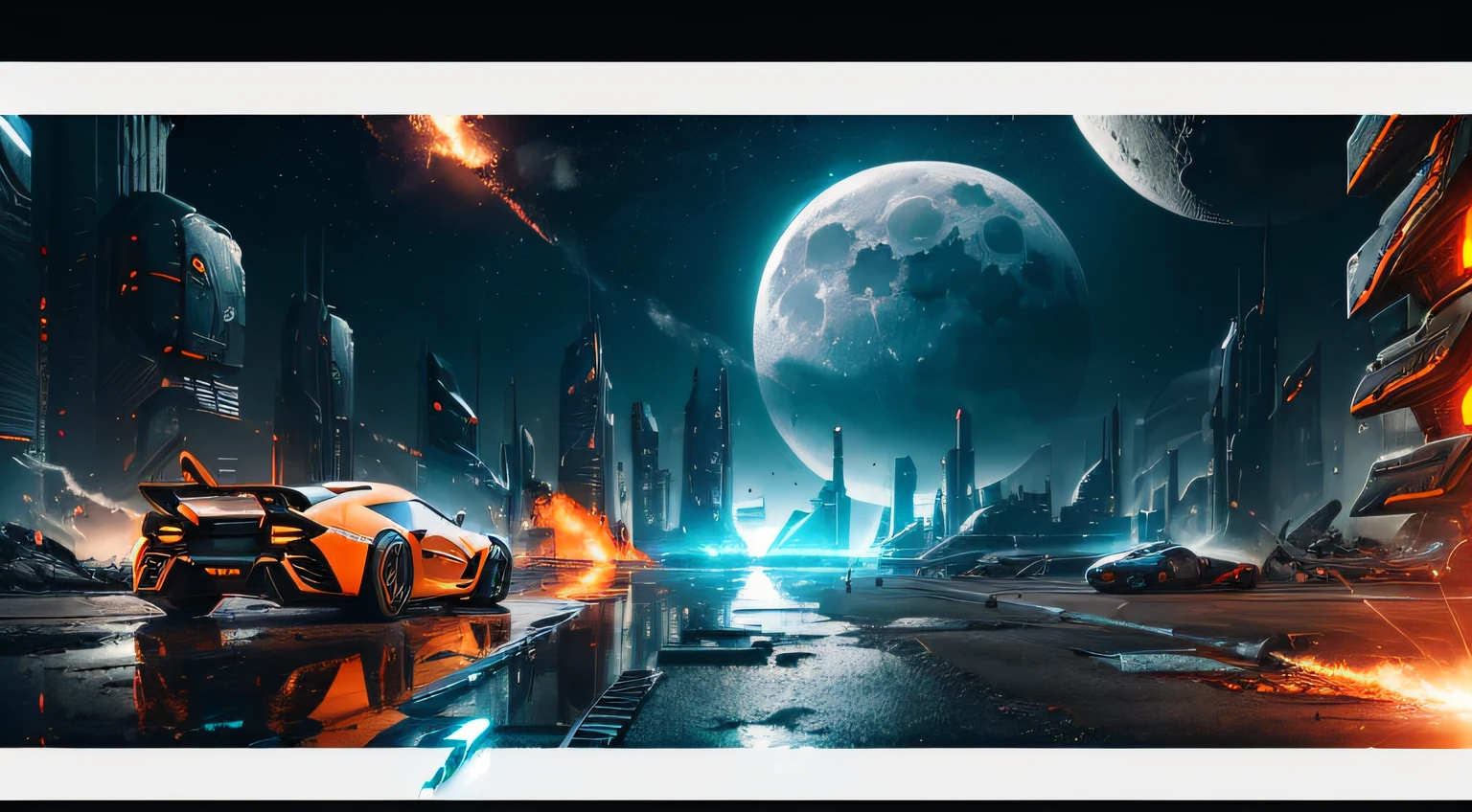 (High-precision realistic 8k ruined city, futuristic sci-fi scenes, super sports car, black body, orange kit, moon in the sun, smoke, sparks, panoramic perspective shooting full of movie feeling, realistic texture) --auto --s2