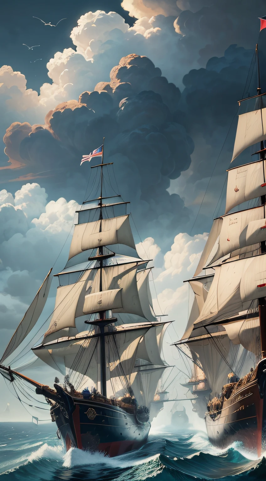 ((best quality), (masterpiece), (detailed)) A realistic depiction of a war between England and Spain, in the style of John White's art. The scene captures the intensity of the battle with meticulous attention to detail. The composition portrays the clash of naval forces, with British and Spanish ships engaged in combat on choppy waters. The ships are intricately rendered, showcasing their unique designs and flags fluttering in the wind. The sky above is filled with dark clouds, hinting at the impending storm. The artist's realistic approach brings forth the grim realities of war, depicting the smoke and fire from cannons, sailors maneuvering the decks, and the chaos of the battlefield. The color palette reflects the somber atmosphere of the conflict, with muted tones and subtle highlights. The composition utilizes a dynamic camera angle, capturing the action from a high vantage point, offering a bird's-eye view of the war unfolding below.
