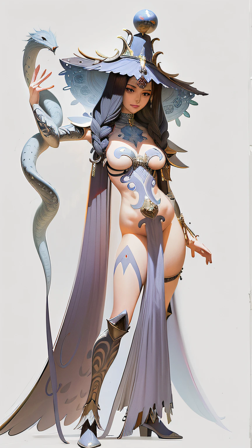 There is a drawing of a woman dressed in a costume, a detailed full-body concept, an interesting character design, a beautiful full-body concept art, a detailed full-body concept art, (character concept art)), inspired by the senior character artist, highly detailed exquisite fan art, excellent character design, fantasy character design, official character art, hyper-detailed fantasy character, man:: sorceress, priestess ethnic shaman decorations on the open The body is made of bones, the nudity is covered with the bones of animals and birds, the bones and energy, the radiance of light, the incredibly sexy girl, the deadly beauty, the deadly sexuality, tenderness and horror, everywhere the bones, the body in the bones, the delicate transparent fabrics fall from the hair, the snake staff. Magical Tibetan shaman, Bon Buddhism, Buddhist iconography, ancient style, ancient mystery of the serpent, life and death, transfiguration, Buddhism, Hinduism, sacredness, shamanic rite, sexuality transcendental, unique, priestess of love and death, Buddhist saint, hermit, maximum nudity, blue eyes, expressive look, conciseness, bones of animals, sacred ritual, sexual beauty, edges of hair emphasized by bells and birds