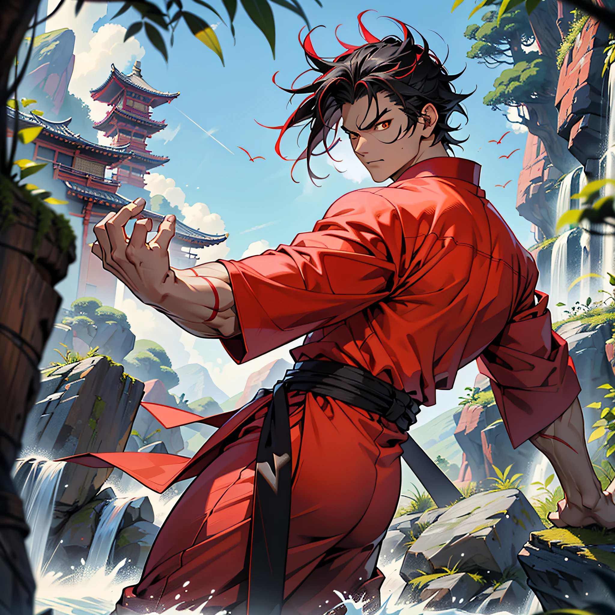 Kung fu fighter, adult, spiky black hair, locks of hair in pink color, white belt at the waist, red marks on the face, orange eyes, serious expression, muscular man, thin waist, defined legs, red kimono, tight red kung fu blouse, black kung fu pants, red armbands on the arms, nature scenery.