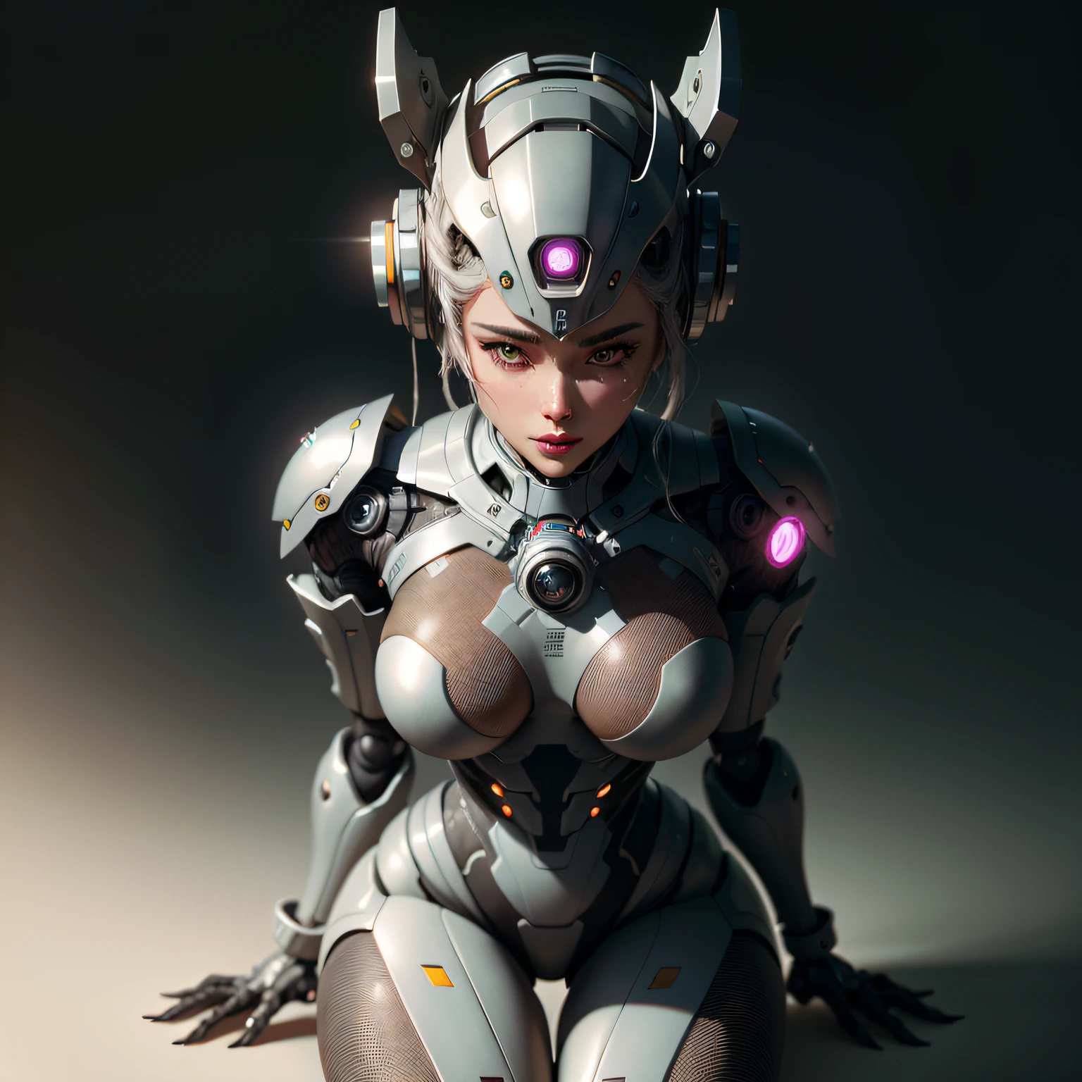 Intricate 3d rendering of highly detailed beautiful ceramic silhouette female robot face, cyborg, robotic parts, 150 mm, beautiful studio soft light, rim light, vibrant details, luxury cyberpunk, lace, surreal, anatomy , Facial Muscles, Cable Wires, Microchip, Elegant, Beautiful Background, Octane Rendering, HR Giger Style, 8k, Best Quality, Masterpiece, Illustration, Very Delicate and Beautiful, Very Detailed, CG, Uniform, Wallpaper, (fidelity, fidelity: 1.37), amazing, fine detail, masterpiece, best quality, official art, very detailed cg unity 8k wallpaper, absurd, unbelievably absurd, robot, silver helmet, full body , sit and write