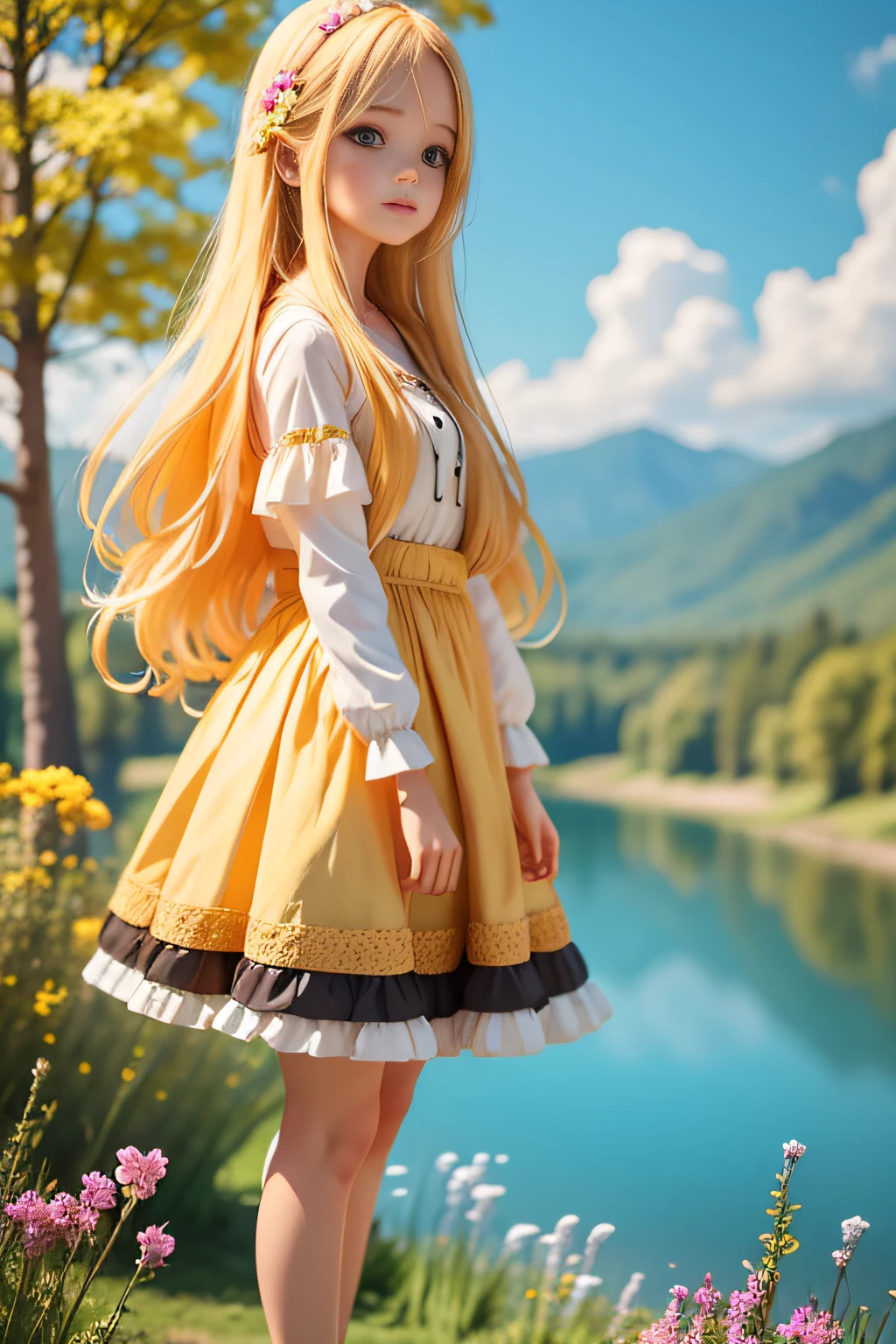 Highest quality, 16K, perfect resolution, girls, casual clothes, long yellow hair, woods, flowers, lake, sky, full body, solo photo, elevation view